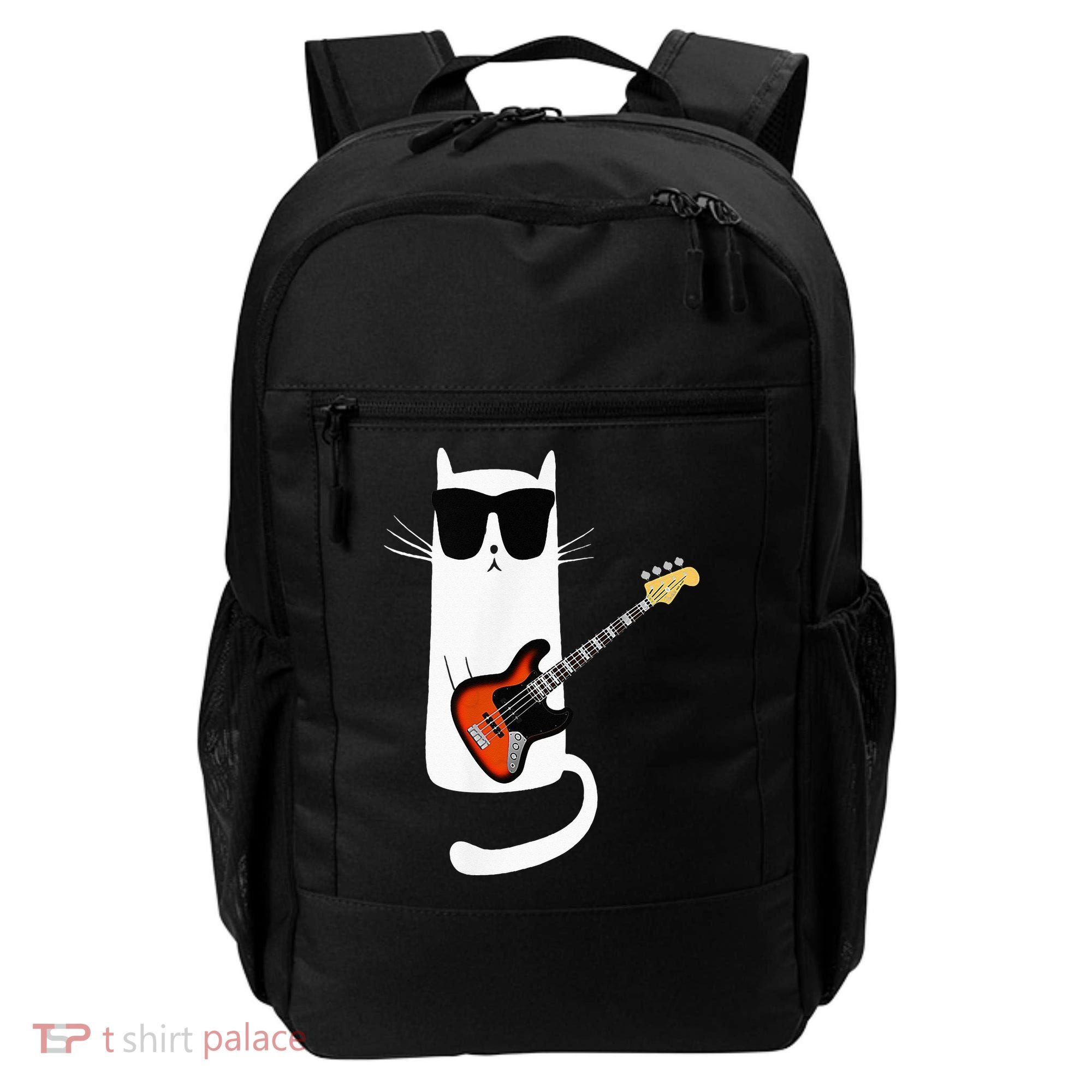 Funny Cat Wearing Sunglasses Playing Bass Guitar Backpack