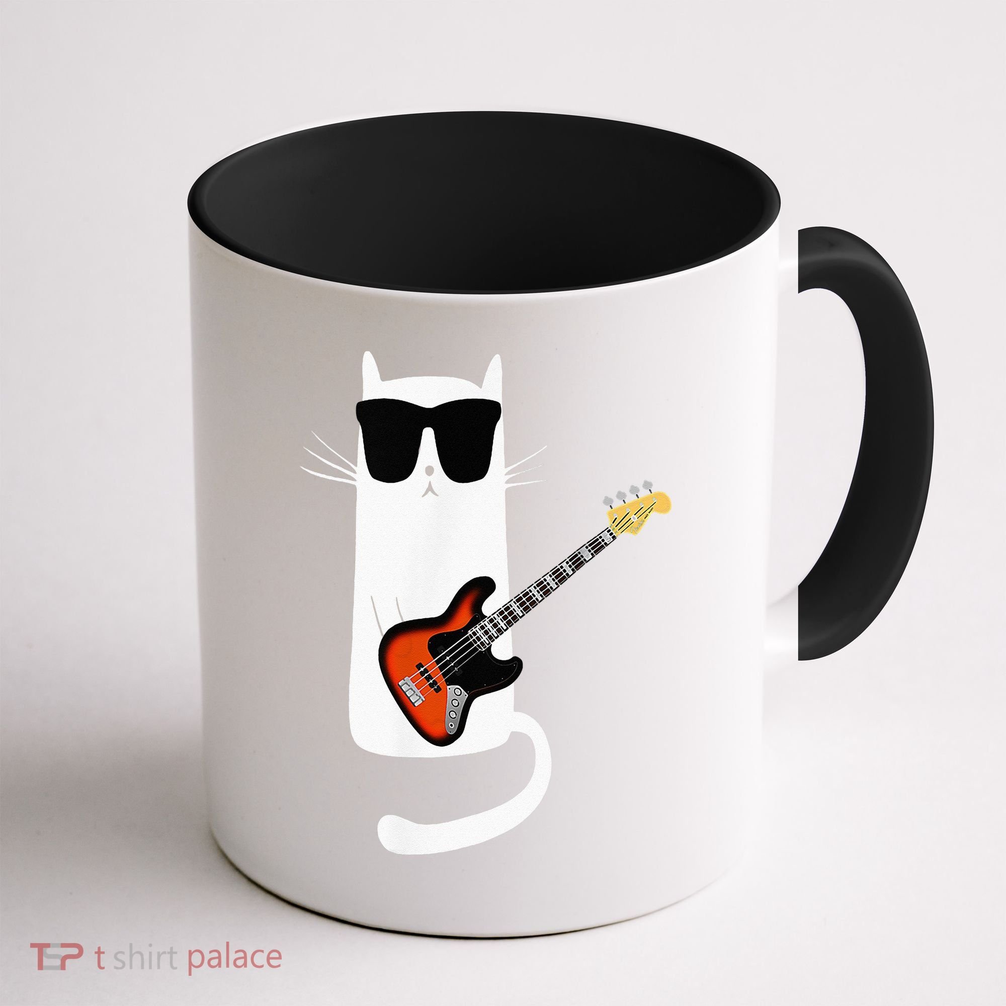 Funny Cat Wearing Sunglasses Playing Bass Guitar Coffee Mug
