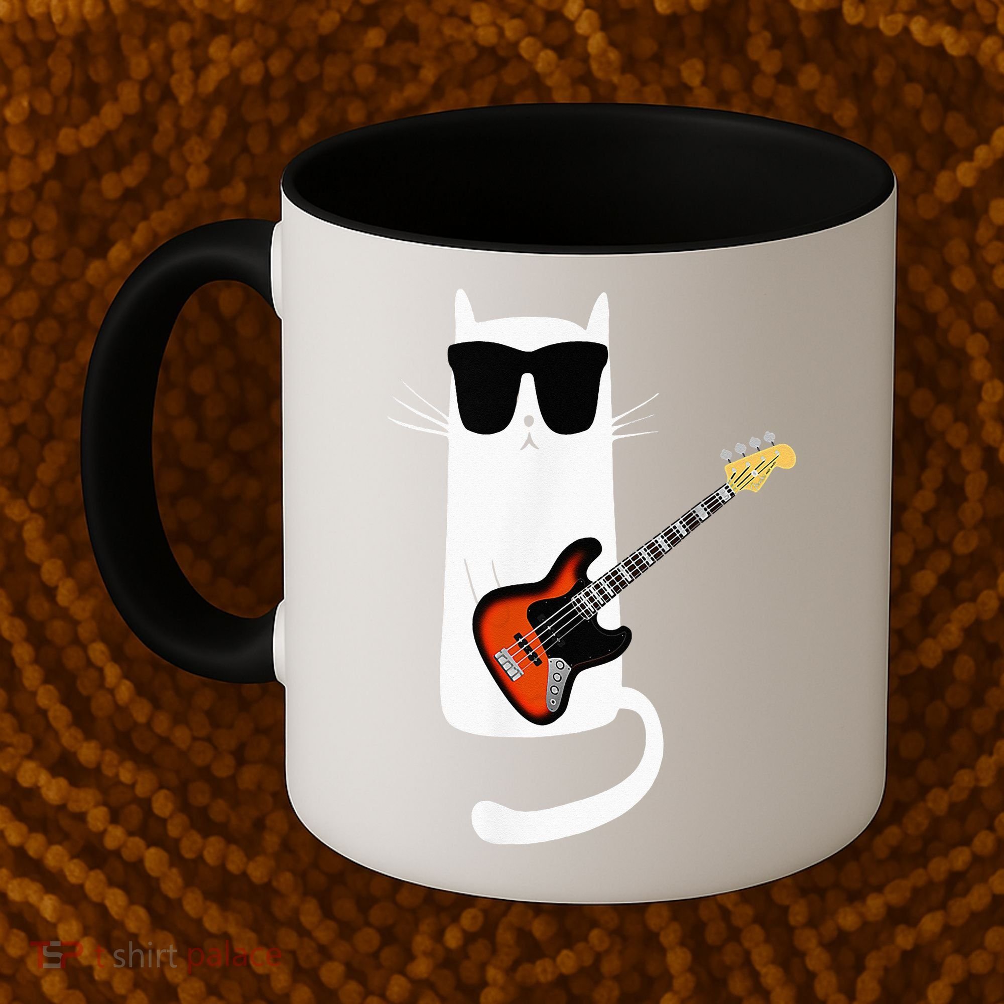 Funny Cat Wearing Sunglasses Playing Bass Guitar Coffee Mug