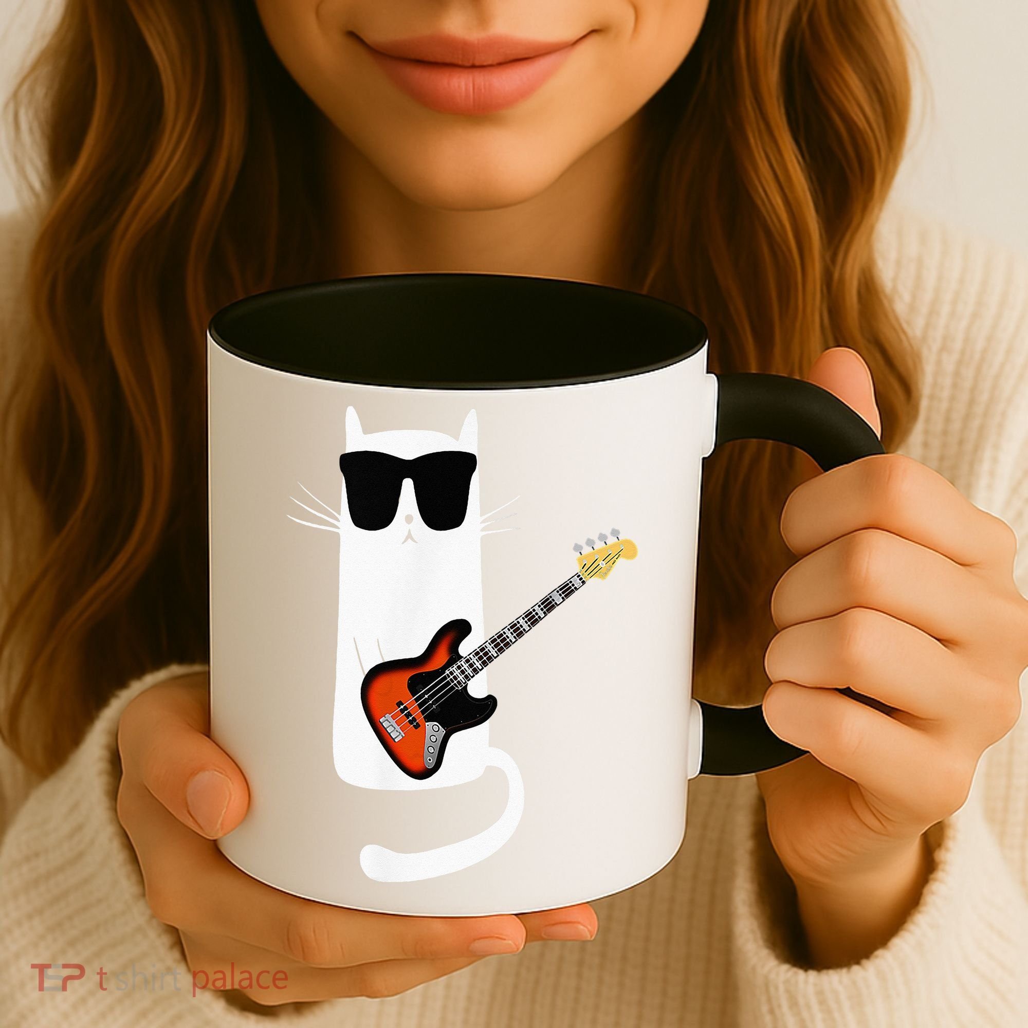 Funny Cat Wearing Sunglasses Playing Bass Guitar Coffee Mug