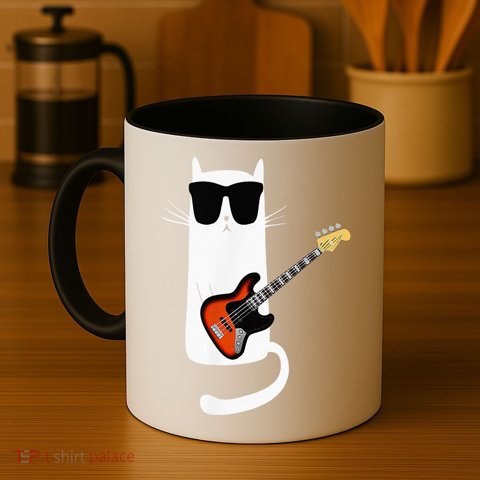 Funny Cat Wearing Sunglasses Playing Bass Guitar Coffee Mug