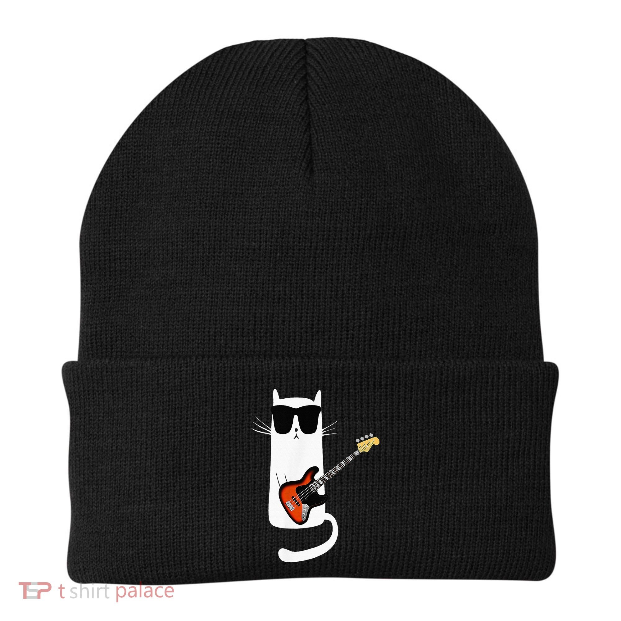 Funny Cat Wearing Sunglasses Playing Bass Guitar Beanie