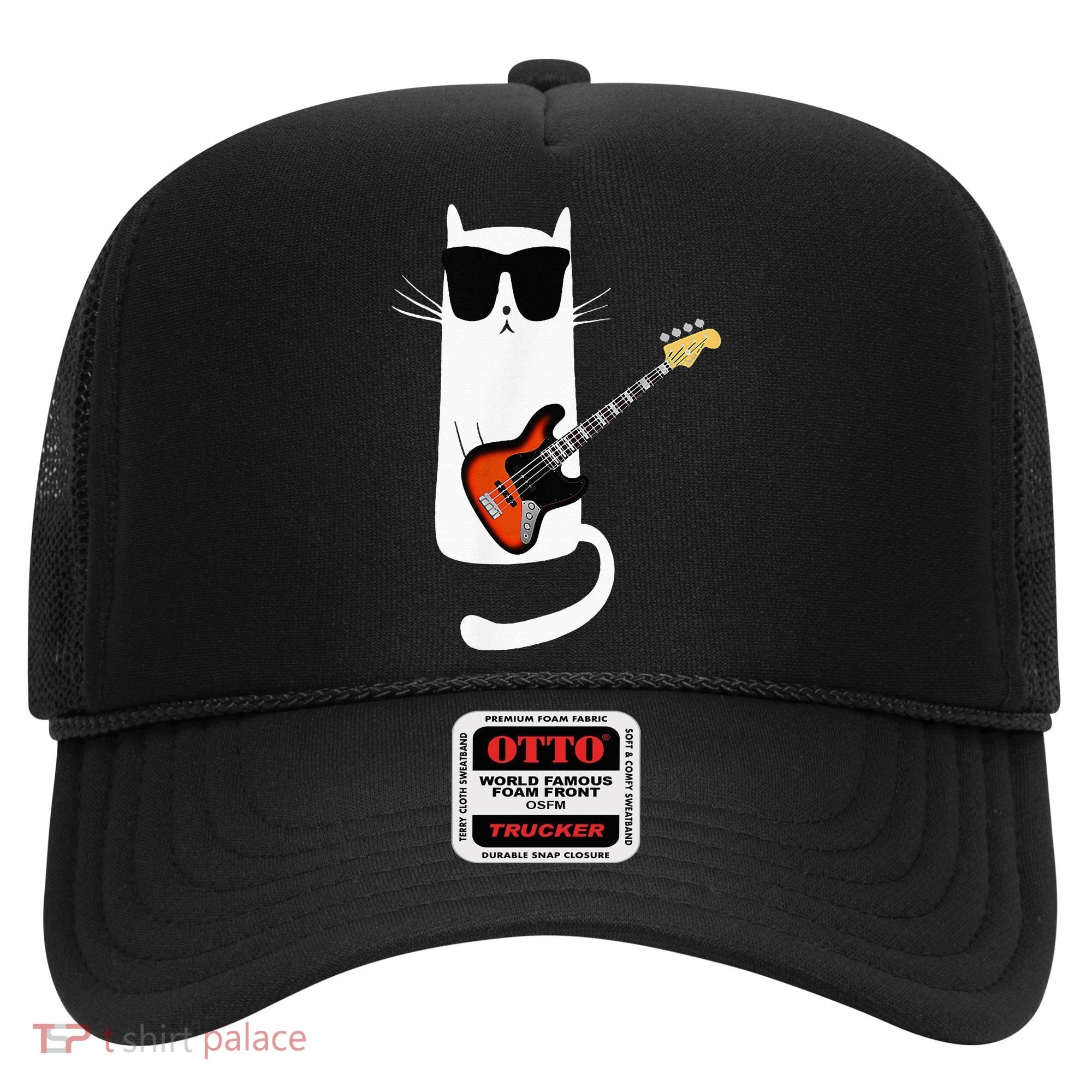 Funny Cat Wearing Sunglasses Playing Bass Guitar Hat