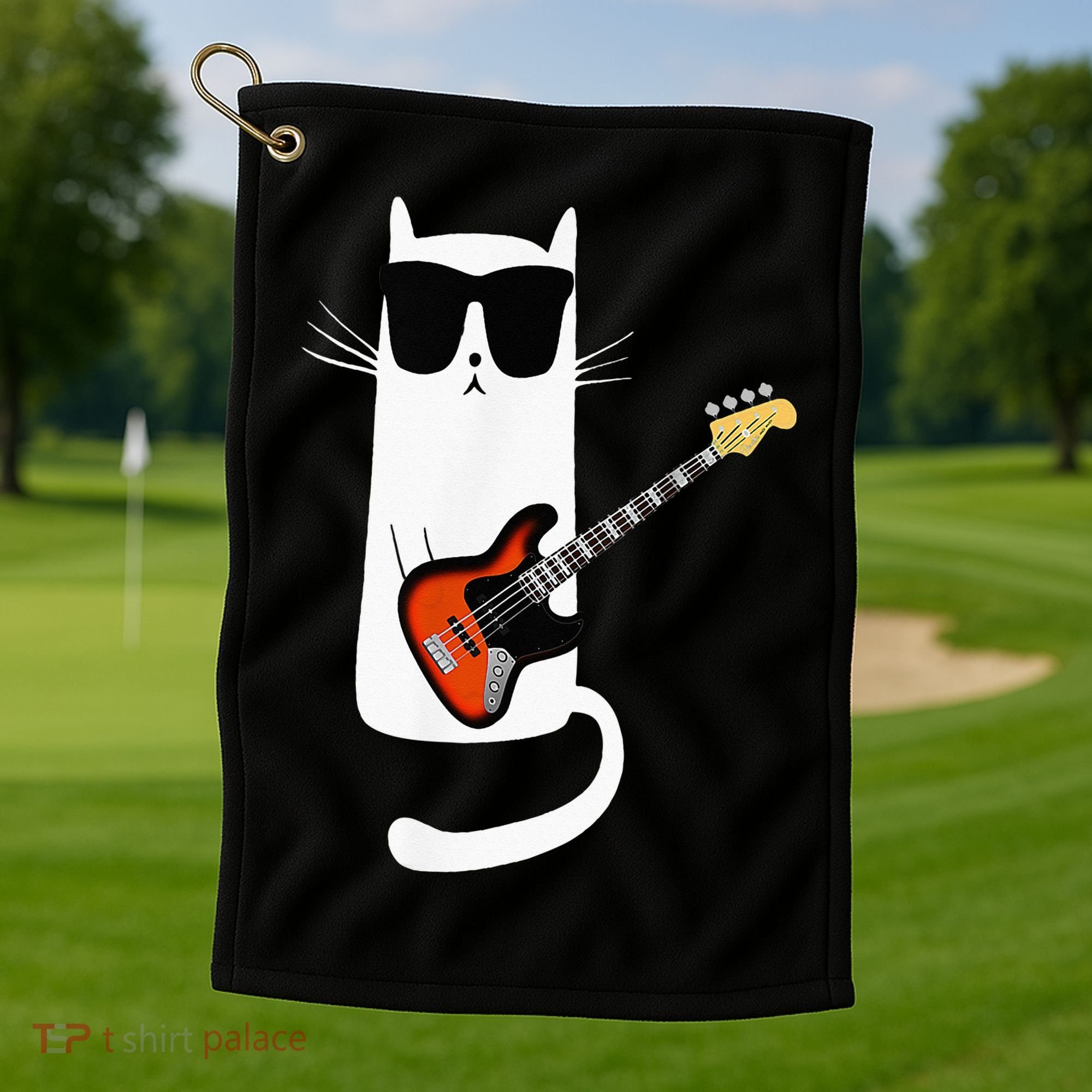 Funny Cat Wearing Sunglasses Playing Bass Guitar Golf Towel