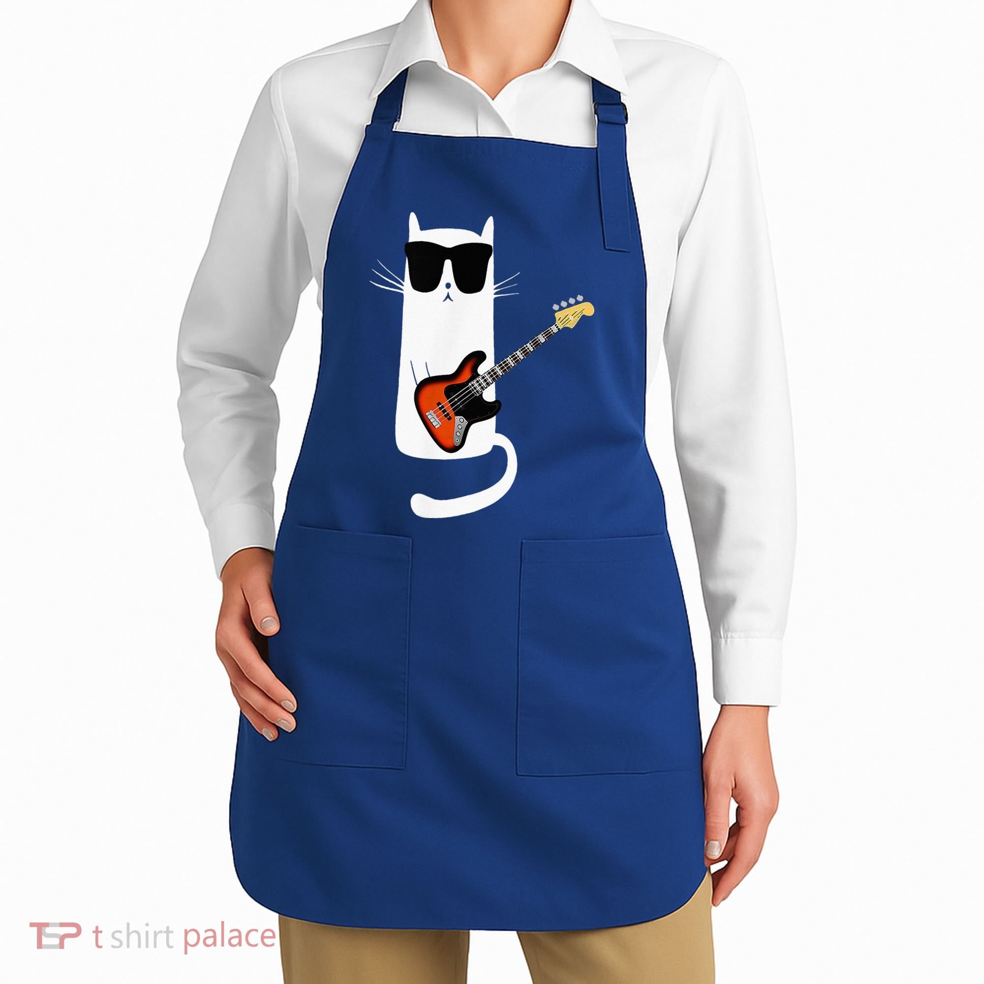 Funny Cat Wearing Sunglasses Playing Bass Guitar Apron