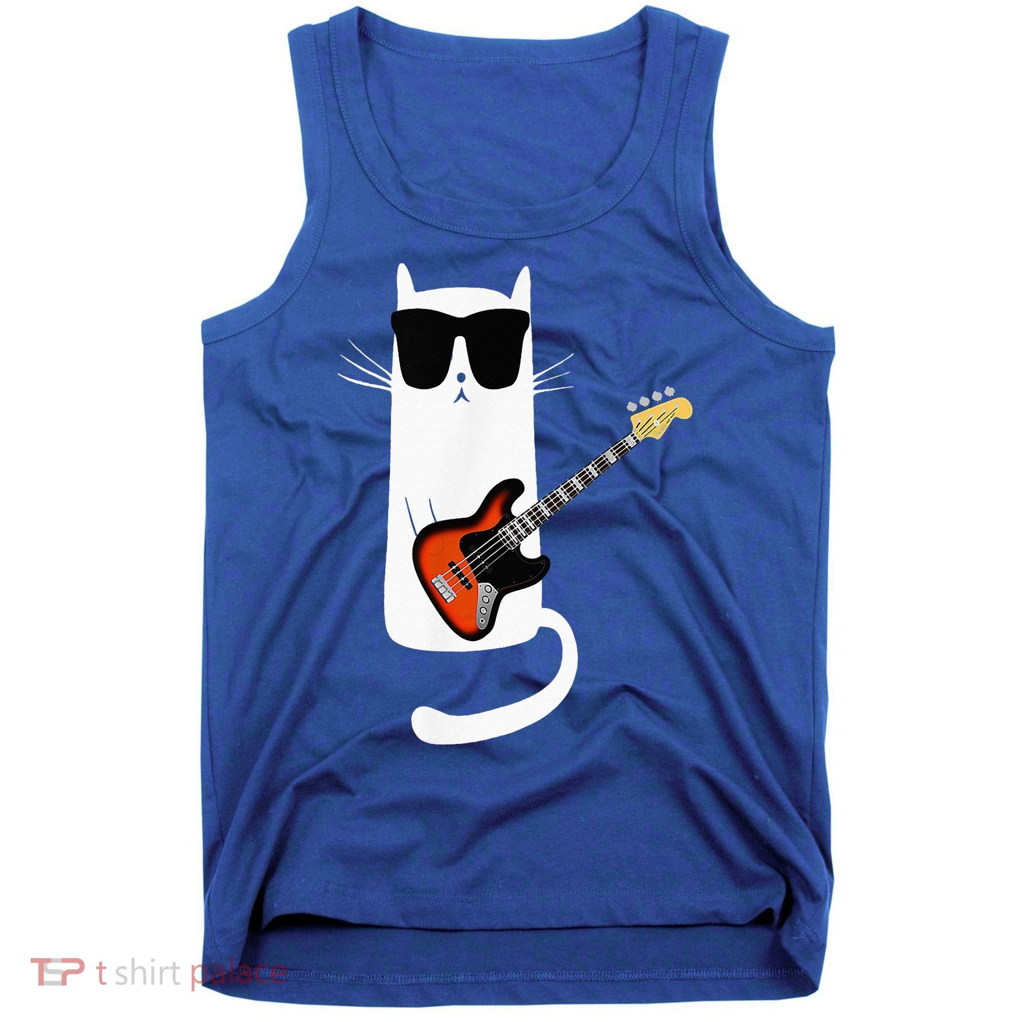 Funny Cat Wearing Sunglasses Playing Bass Guitar Tank Top