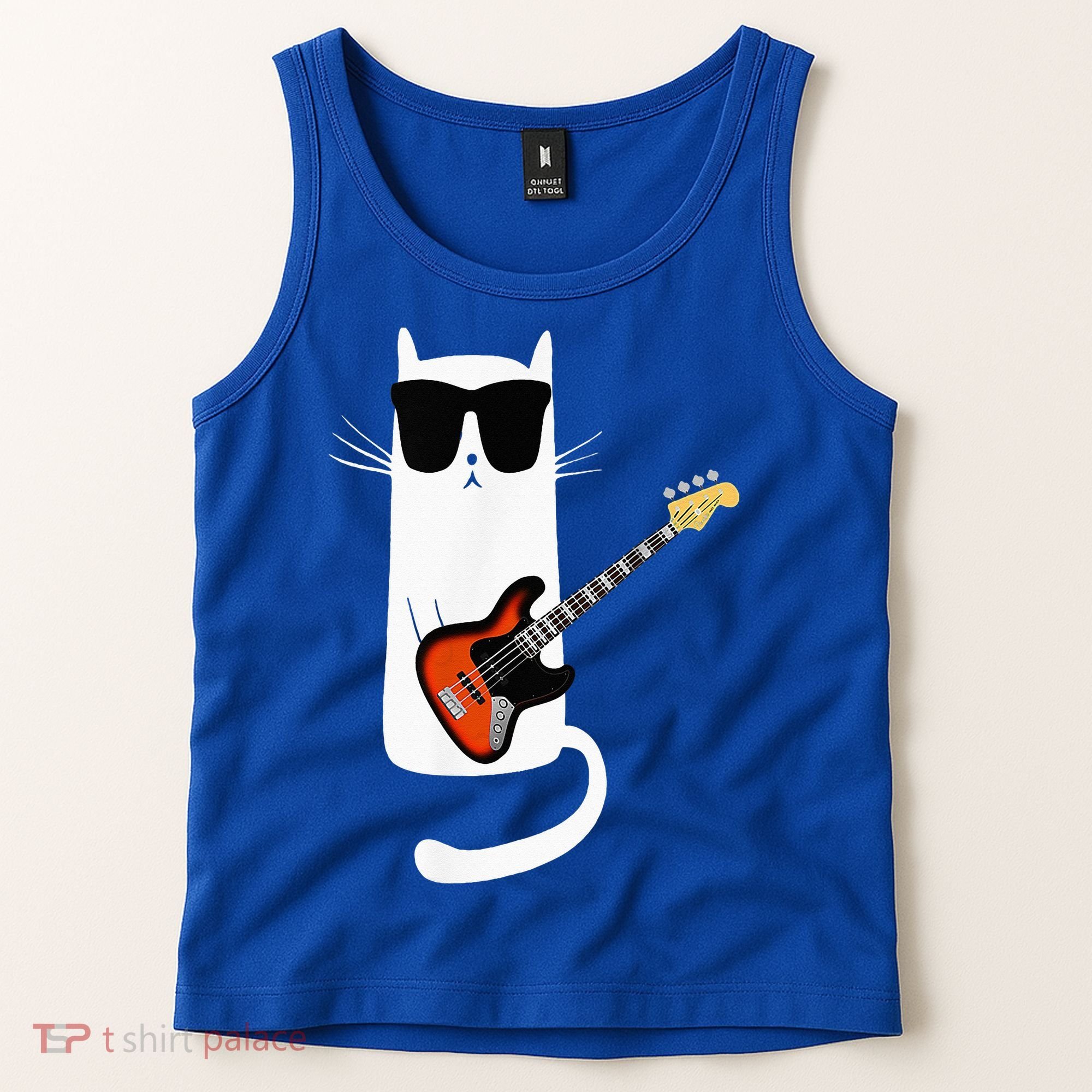 Funny Cat Wearing Sunglasses Playing Bass Guitar Tank Top