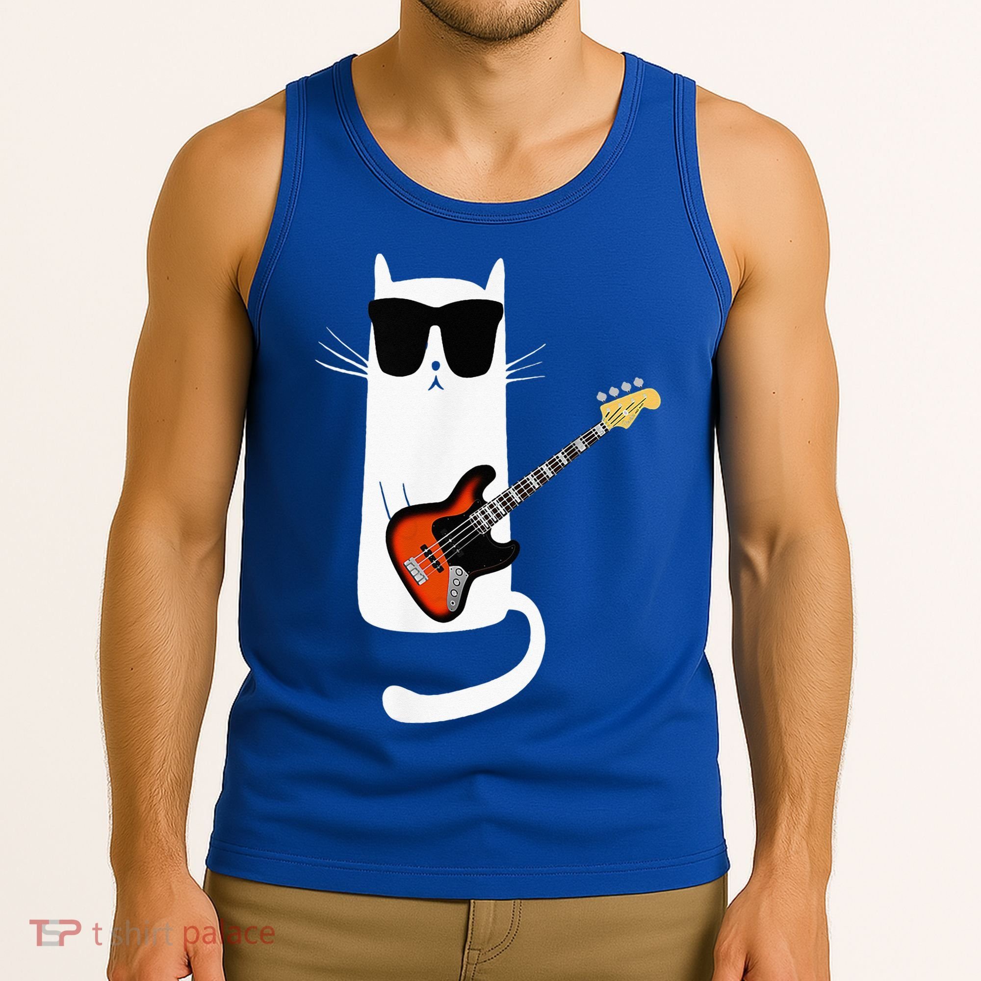 Funny Cat Wearing Sunglasses Playing Bass Guitar Tank Top