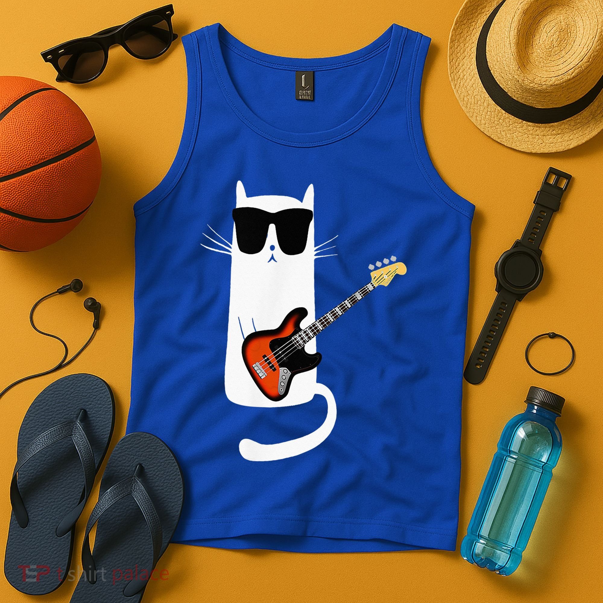 Funny Cat Wearing Sunglasses Playing Bass Guitar Tank Top