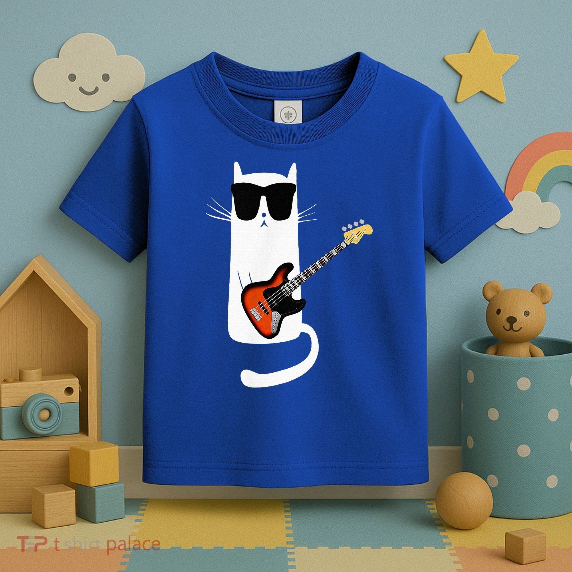 Funny Cat Wearing Sunglasses Playing Bass Guitar Toddler T-Shirt