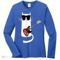 Funny Cat Wearing Sunglasses Playing Bass Guitar Women's Long Sleeve Shirt thumb 0