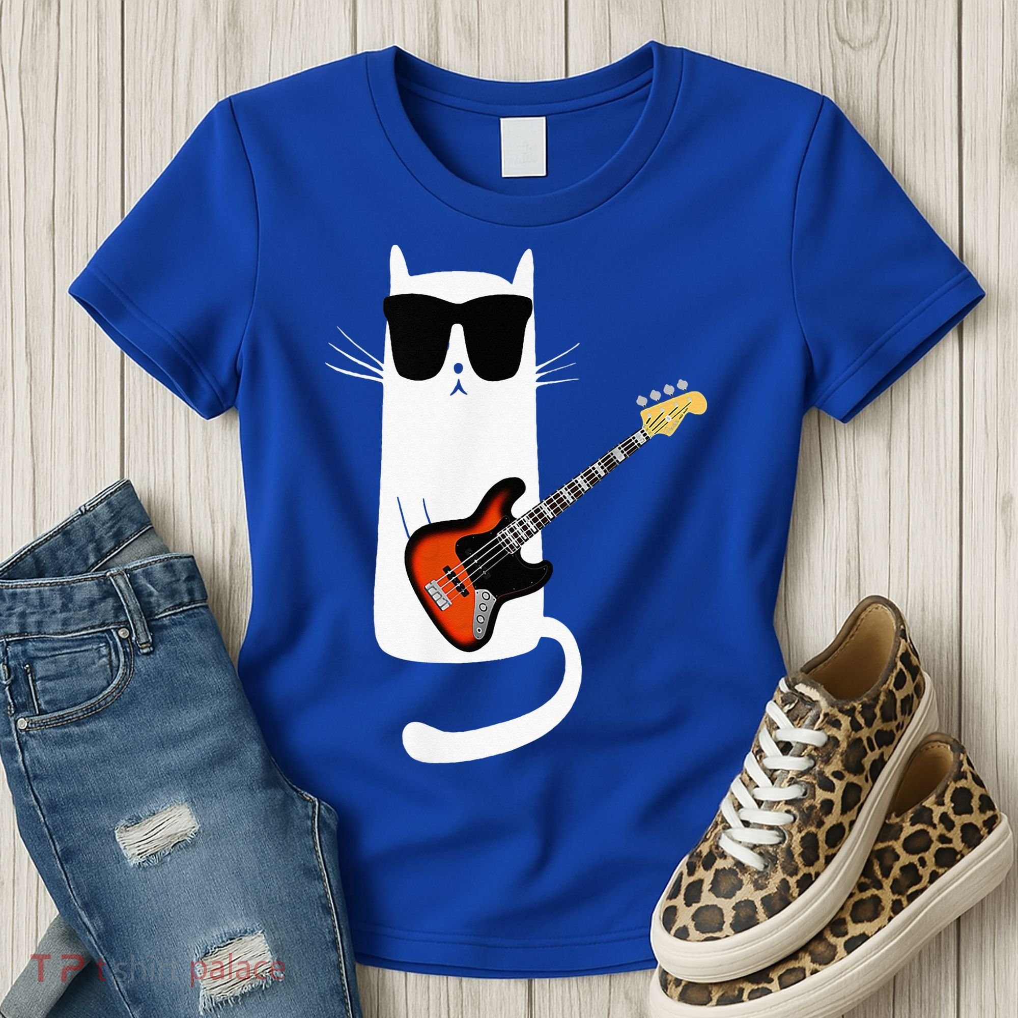 Funny Cat Wearing Sunglasses Playing Bass Guitar Women's T-Shirt