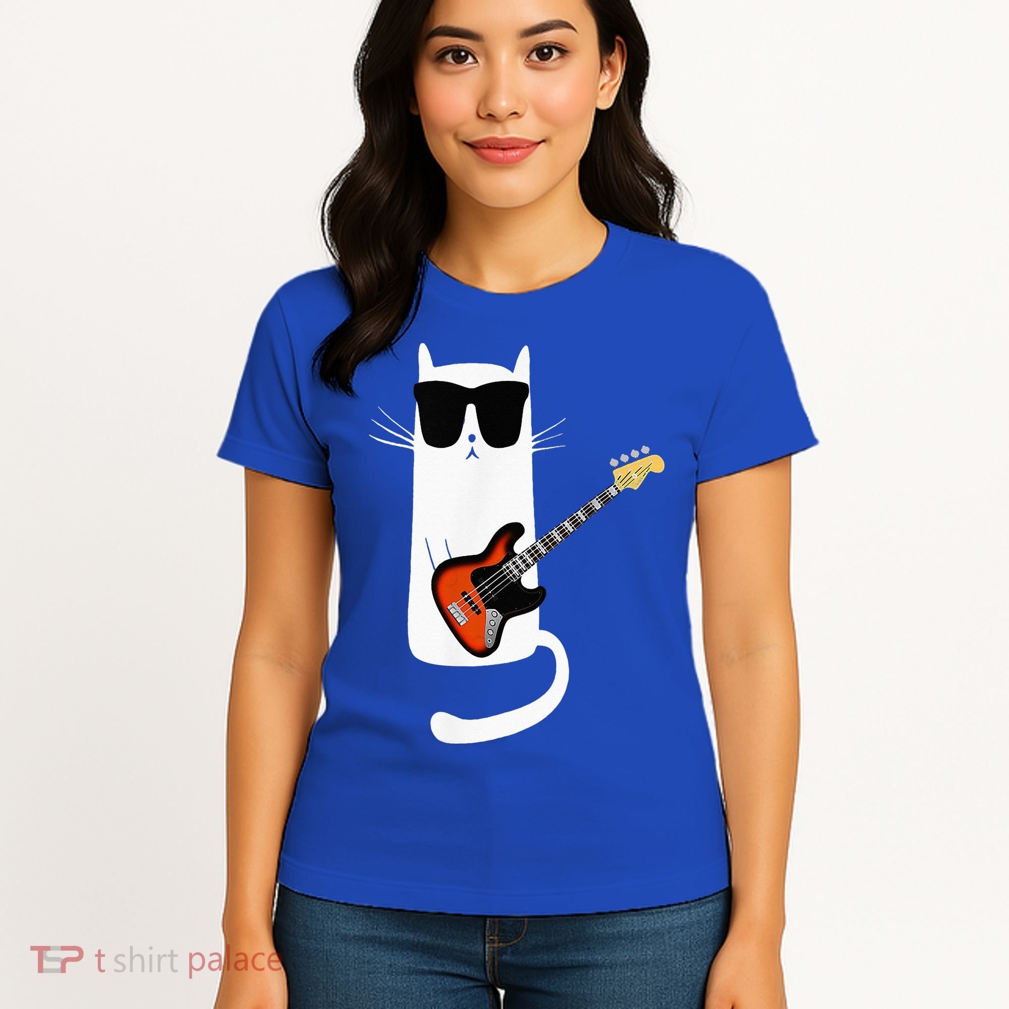 Funny Cat Wearing Sunglasses Playing Bass Guitar Women's T-Shirt