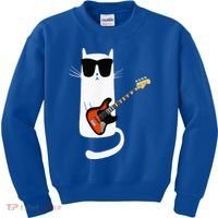 Funny Cat Wearing Sunglasses Playing Bass Guitar Kids Sweatshirt thumb 0