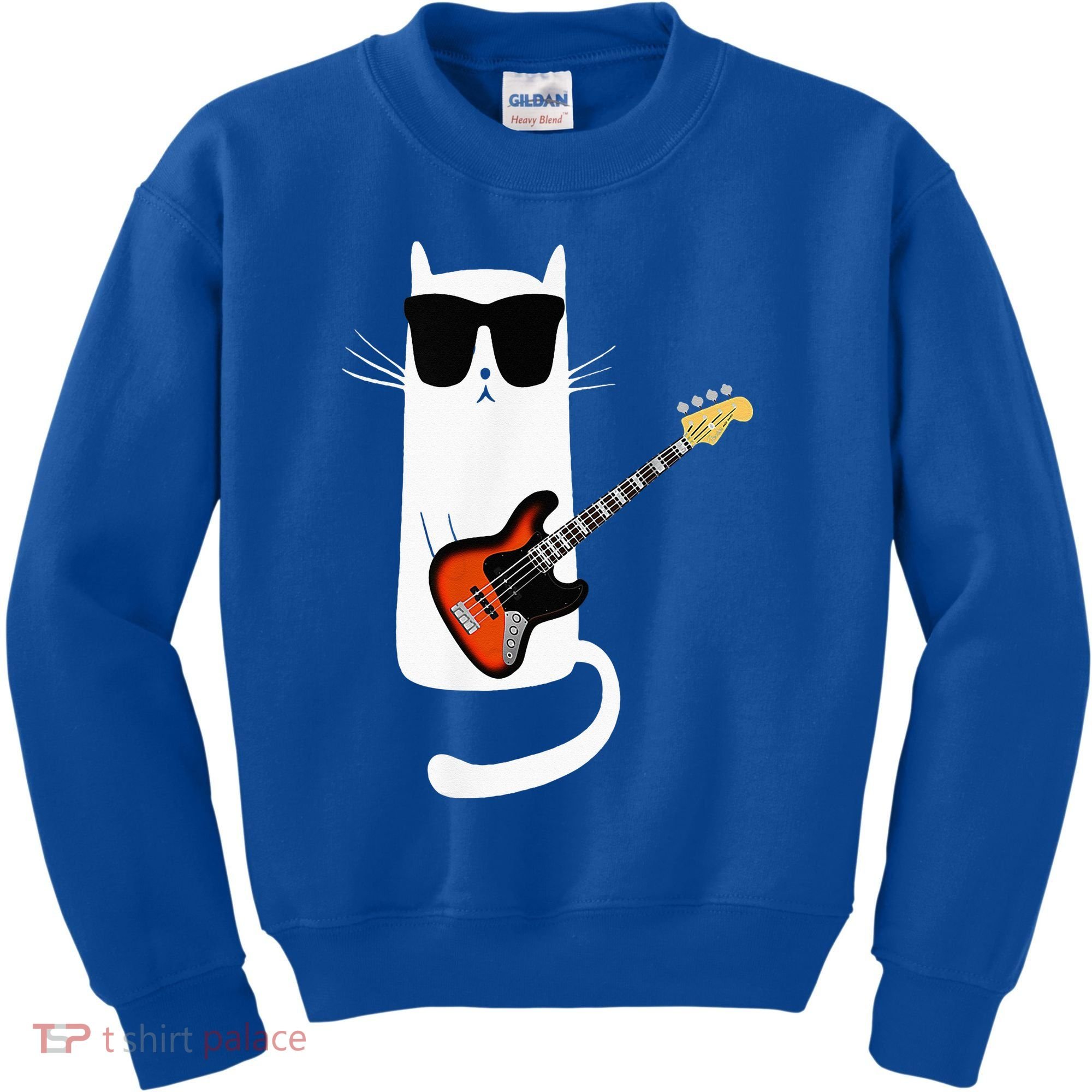Funny Cat Wearing Sunglasses Playing Bass Guitar Kids Sweatshirt
