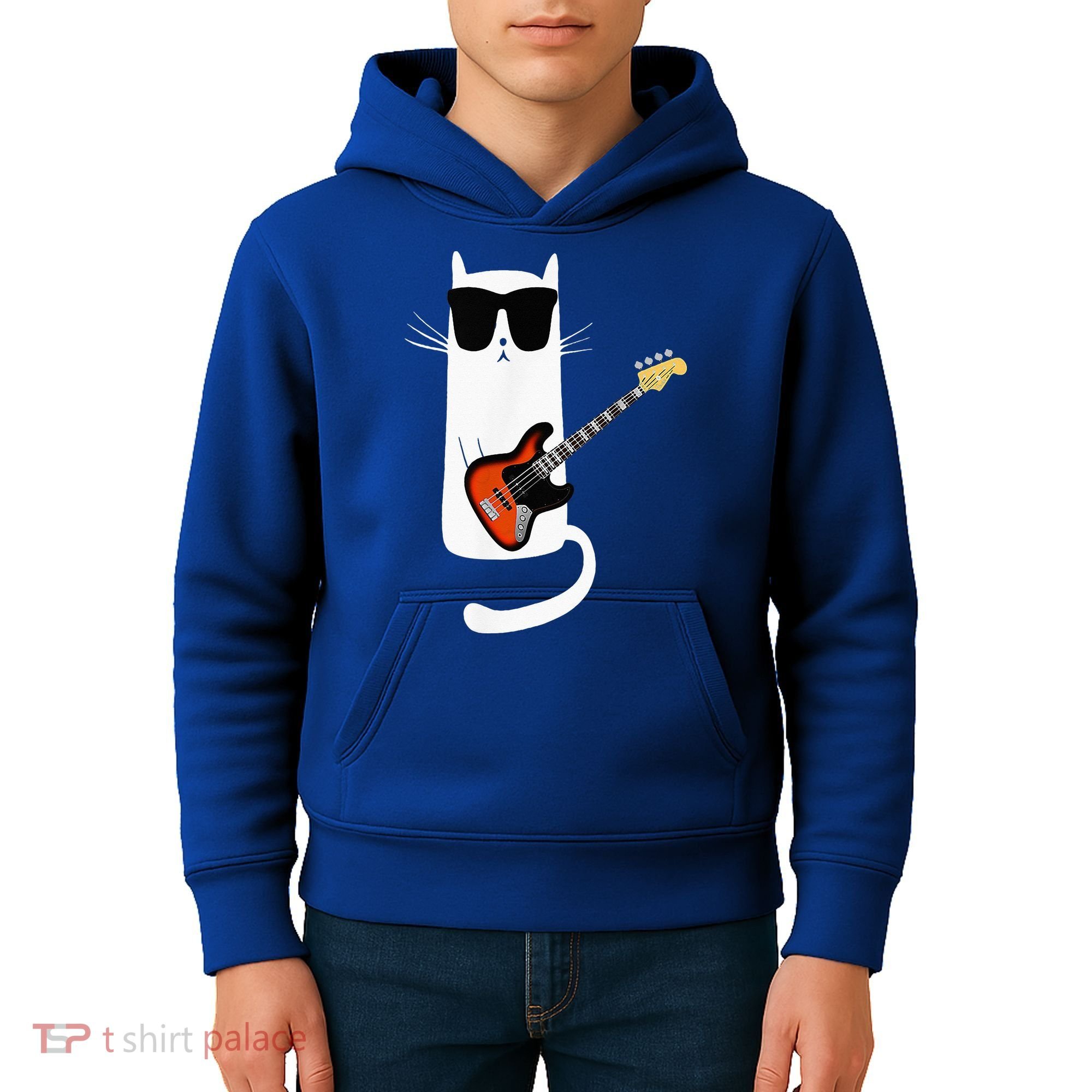 Funny Cat Wearing Sunglasses Playing Bass Guitar Kids Hoodie
