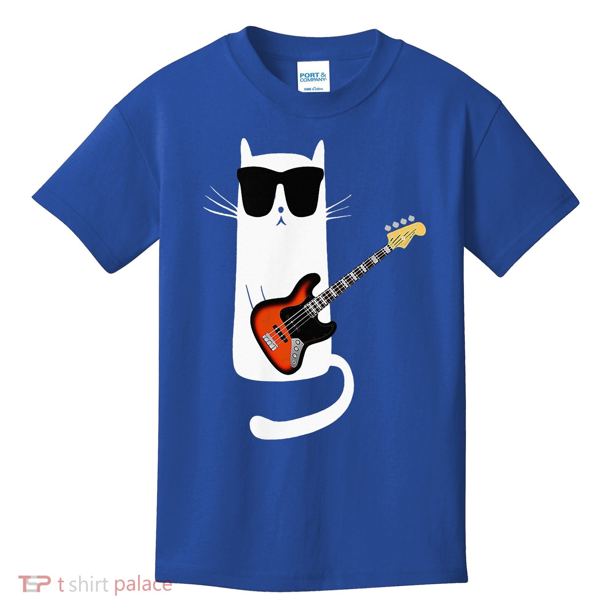 Funny Cat Wearing Sunglasses Playing Bass Guitar Kids T-Shirt
