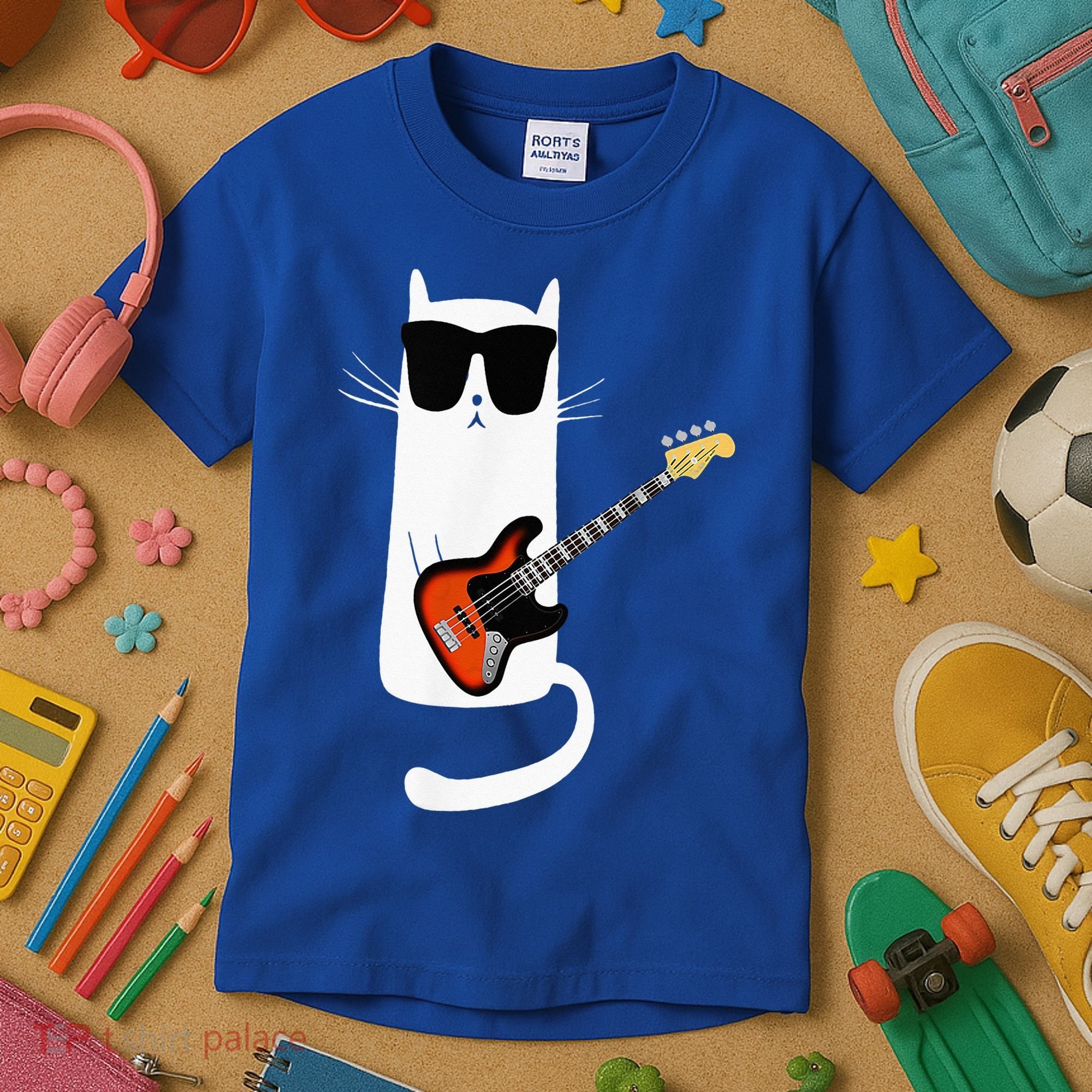 Funny Cat Wearing Sunglasses Playing Bass Guitar Kids T-Shirt