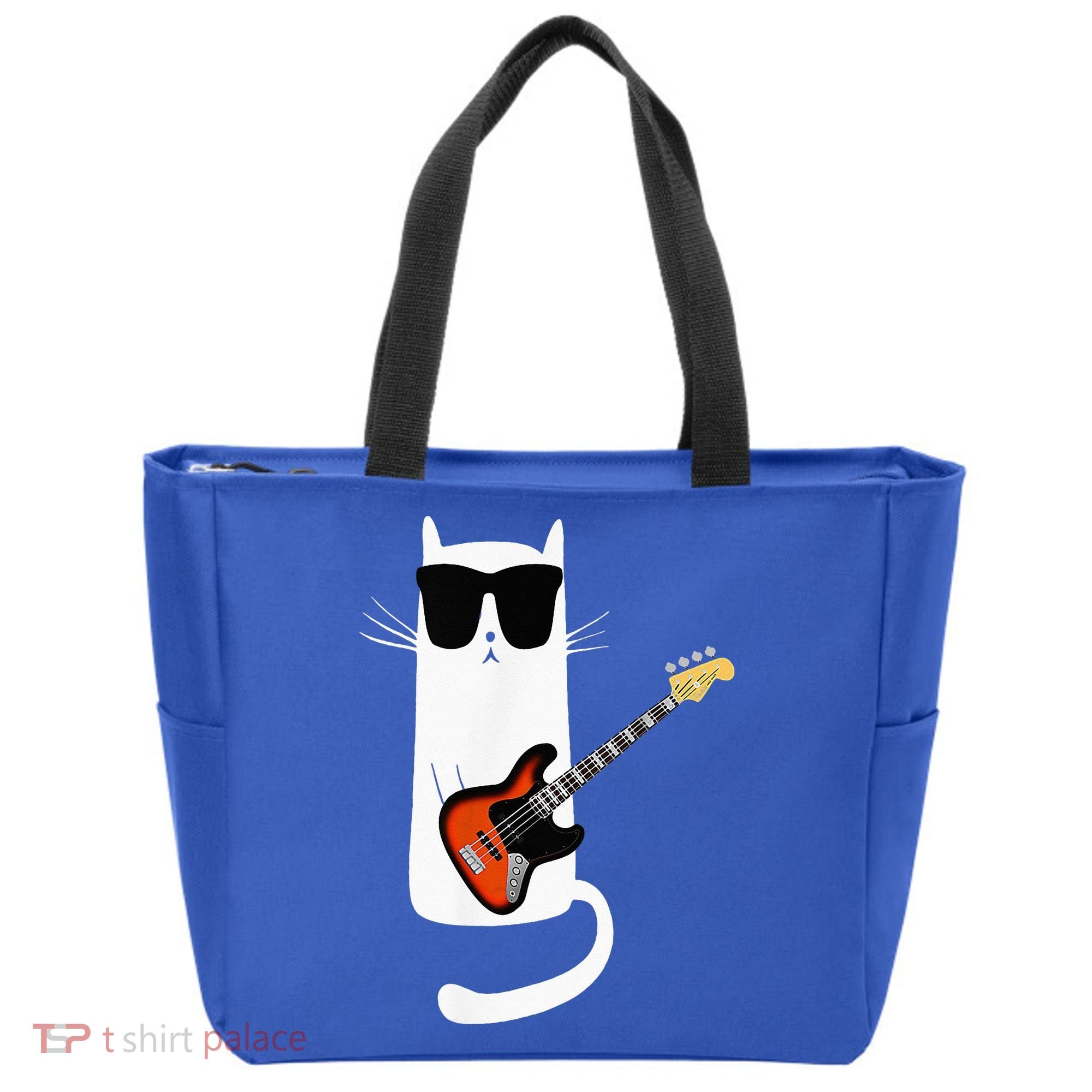 Funny Cat Wearing Sunglasses Playing Bass Guitar Tote Bag