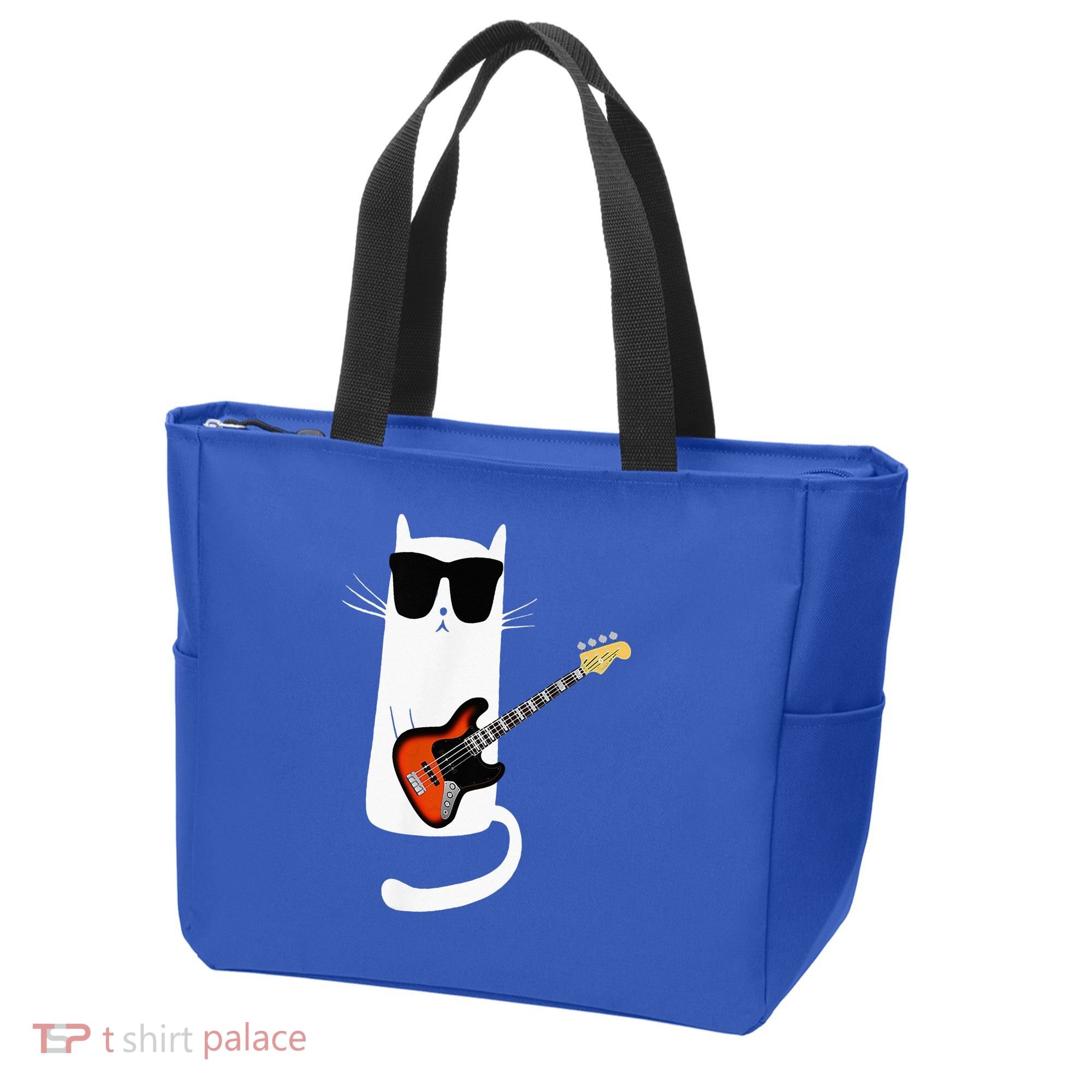 Funny Cat Wearing Sunglasses Playing Bass Guitar Tote Bag