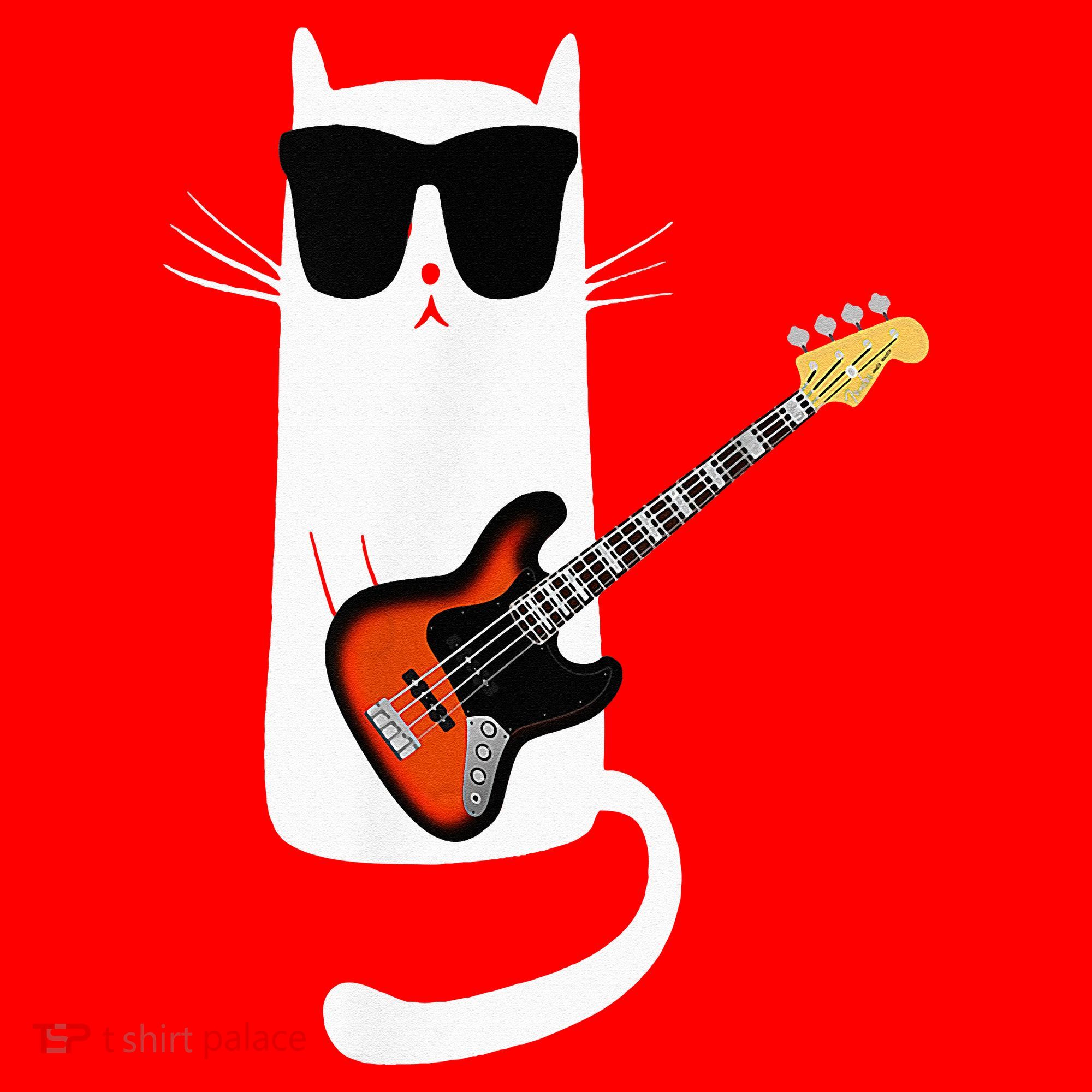 Funny Cat Wearing Sunglasses Playing Bass Guitar Santa Hat