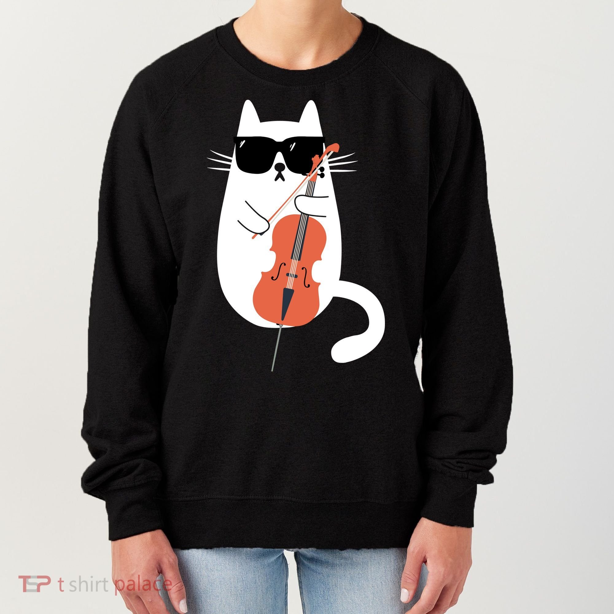 Funny Cat Wearing Sunglasses Playing Cello Cellist Musician Women's Sweatshirt