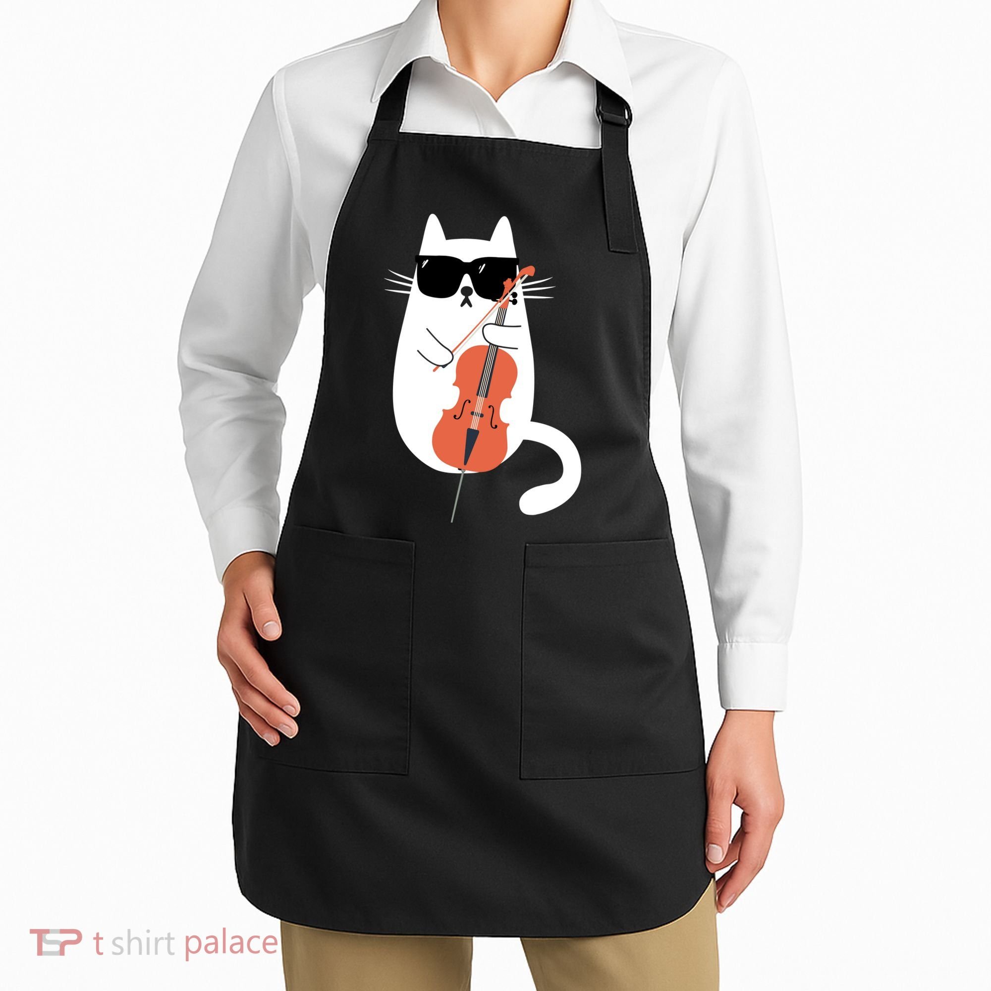 Funny Cat Wearing Sunglasses Playing Cello Cellist Musician Apron