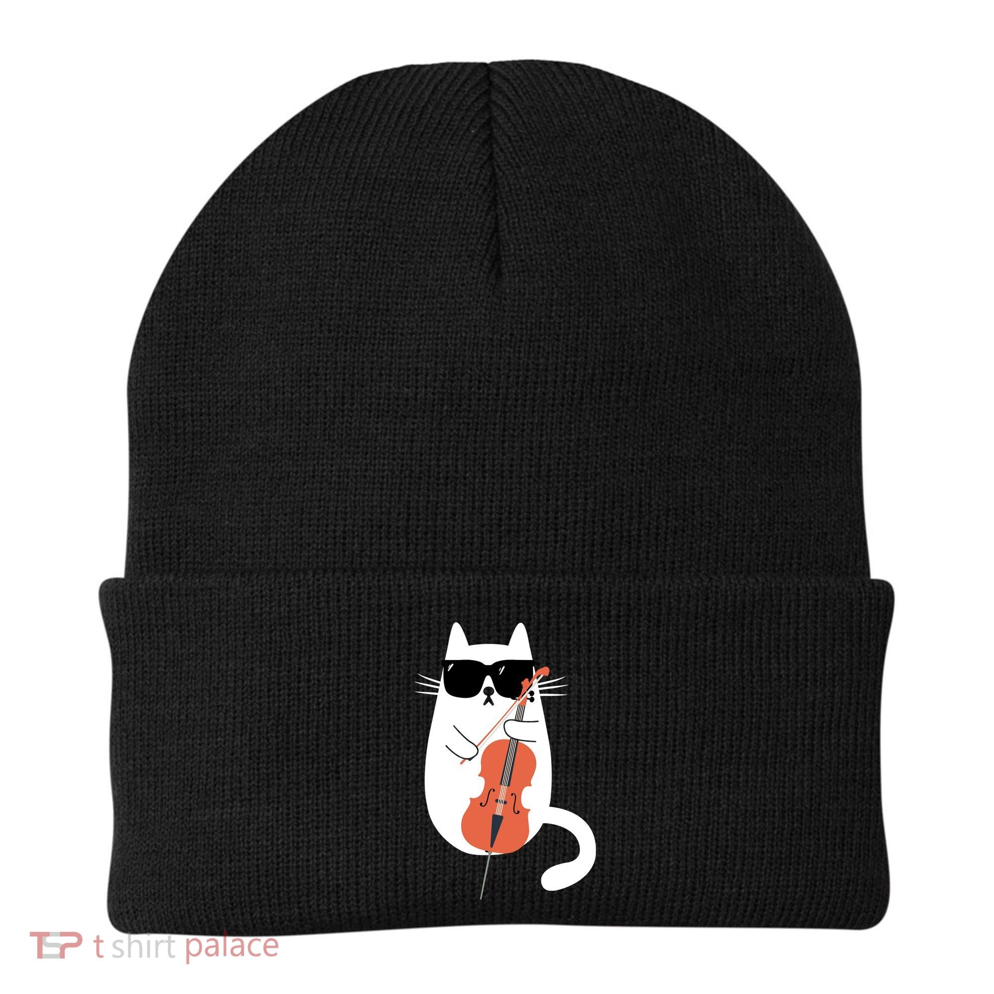 Funny Cat Wearing Sunglasses Playing Cello Cellist Musician Beanie