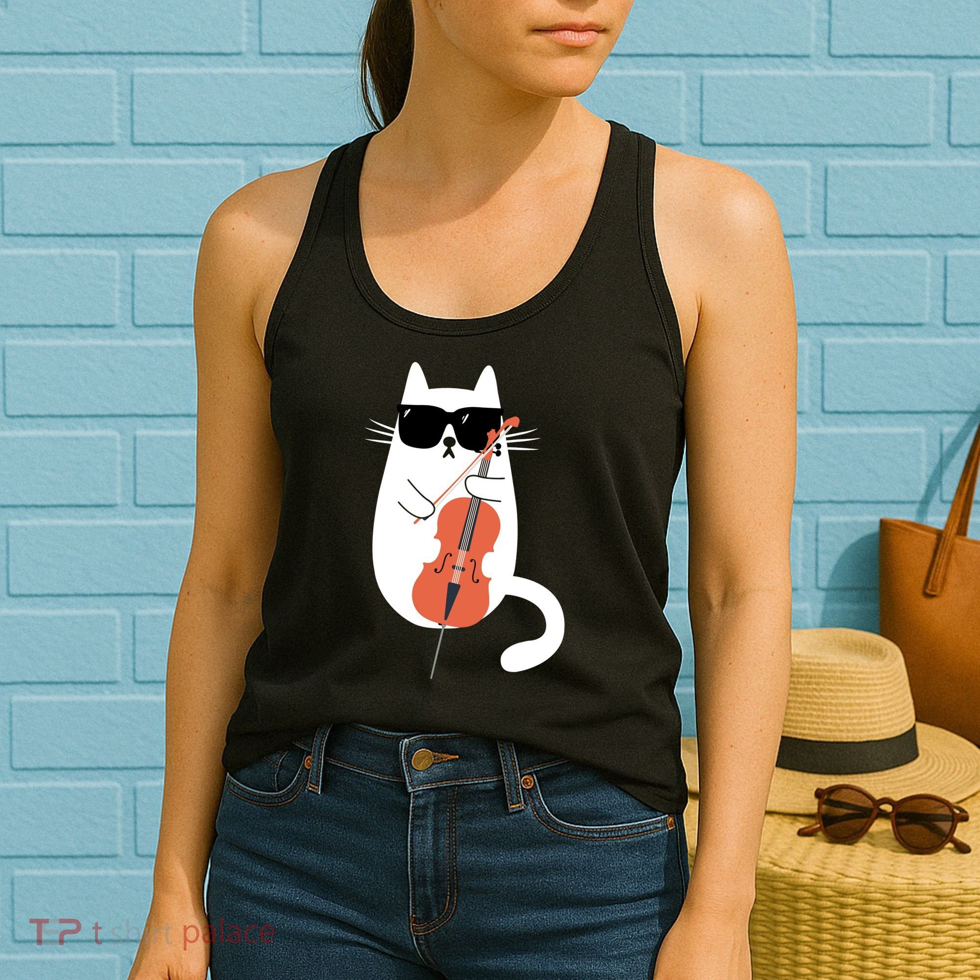 Funny Cat Wearing Sunglasses Playing Cello Cellist Musician Women's Tank Top