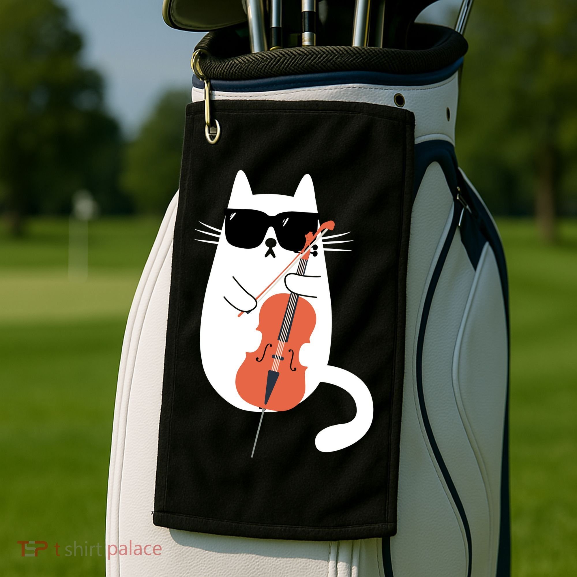 Funny Cat Wearing Sunglasses Playing Cello Cellist Musician Golf Towel