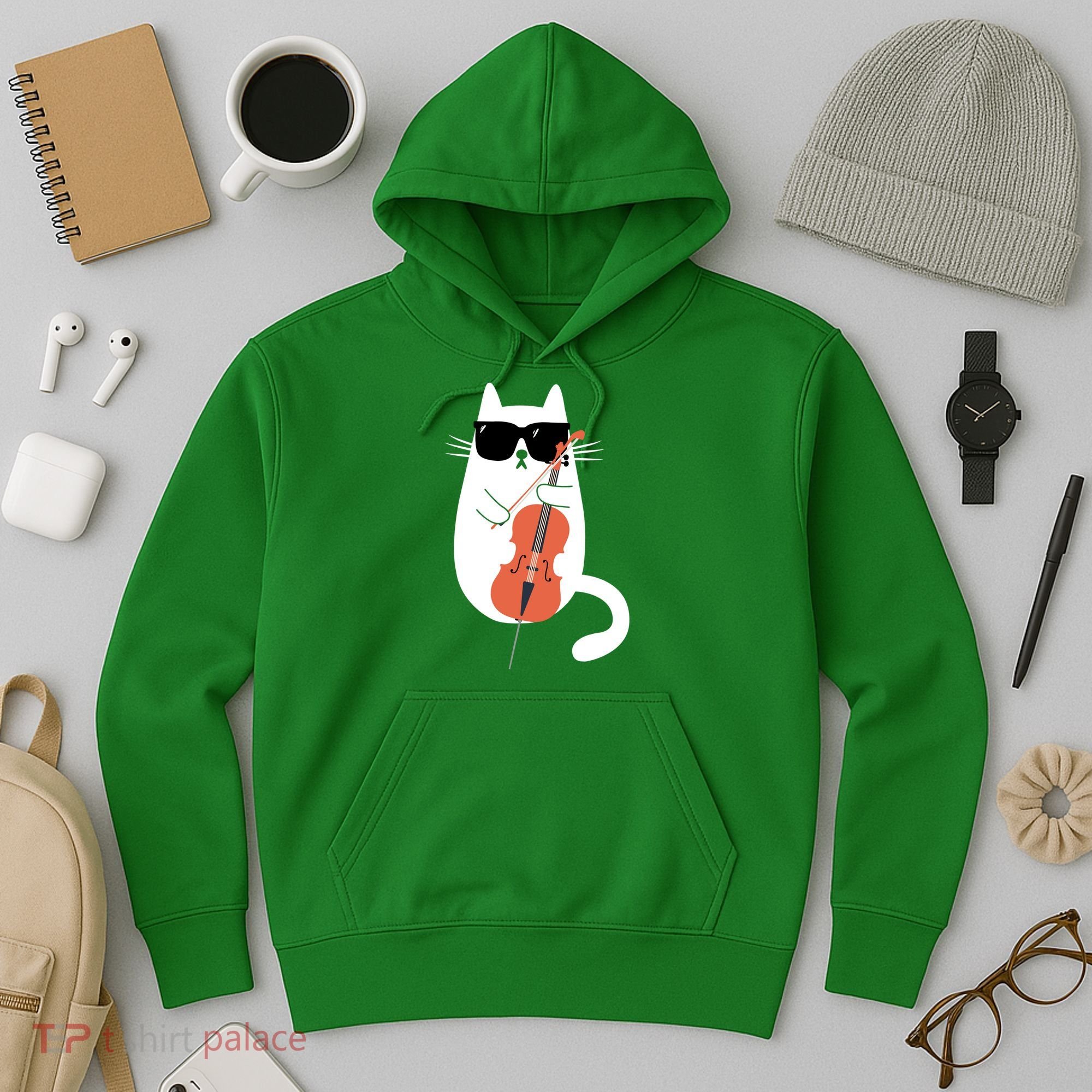 Funny Cat Wearing Sunglasses Playing Cello Cellist Musician Hoodie