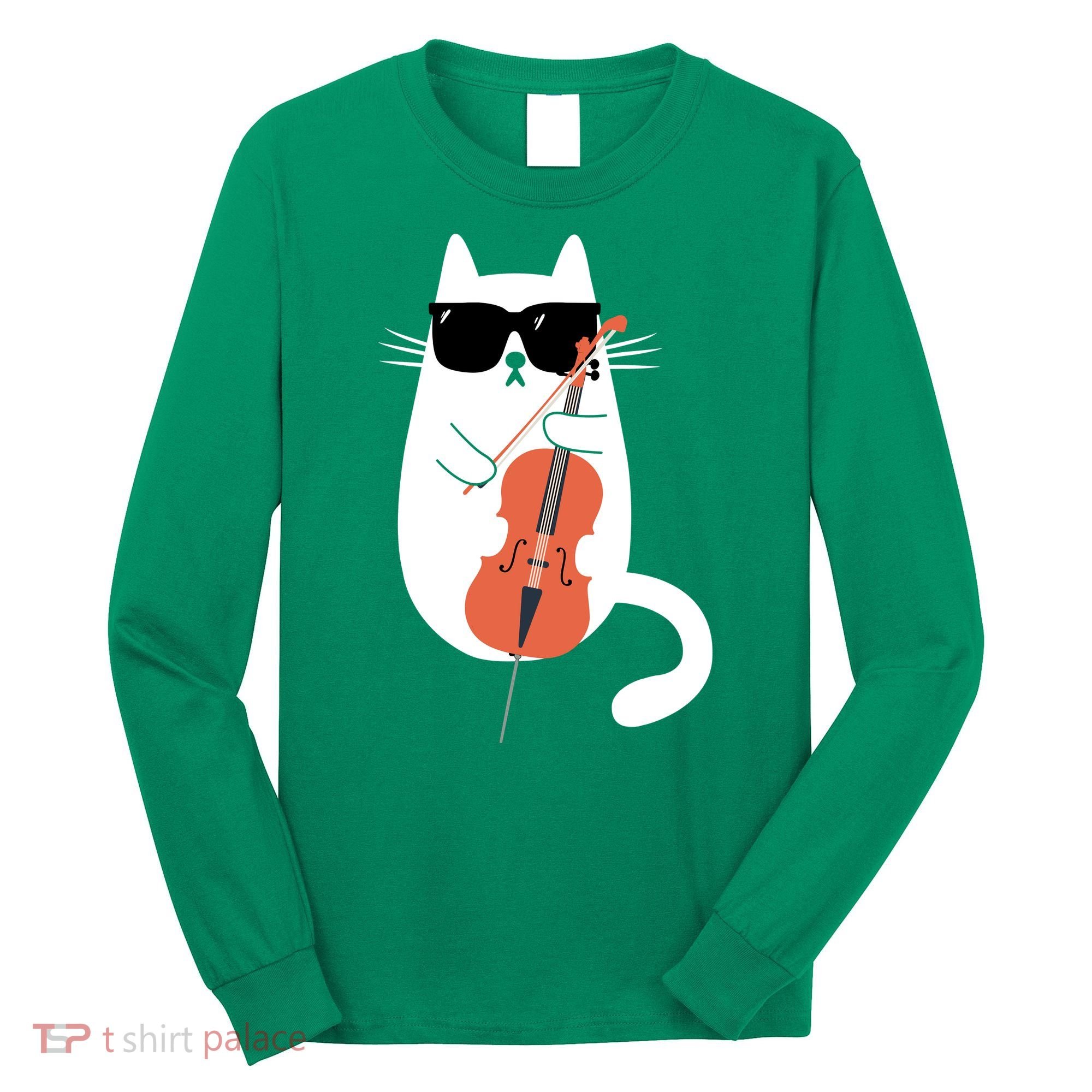 Funny Cat Wearing Sunglasses Playing Cello Cellist Musician Long Sleeve Shirt