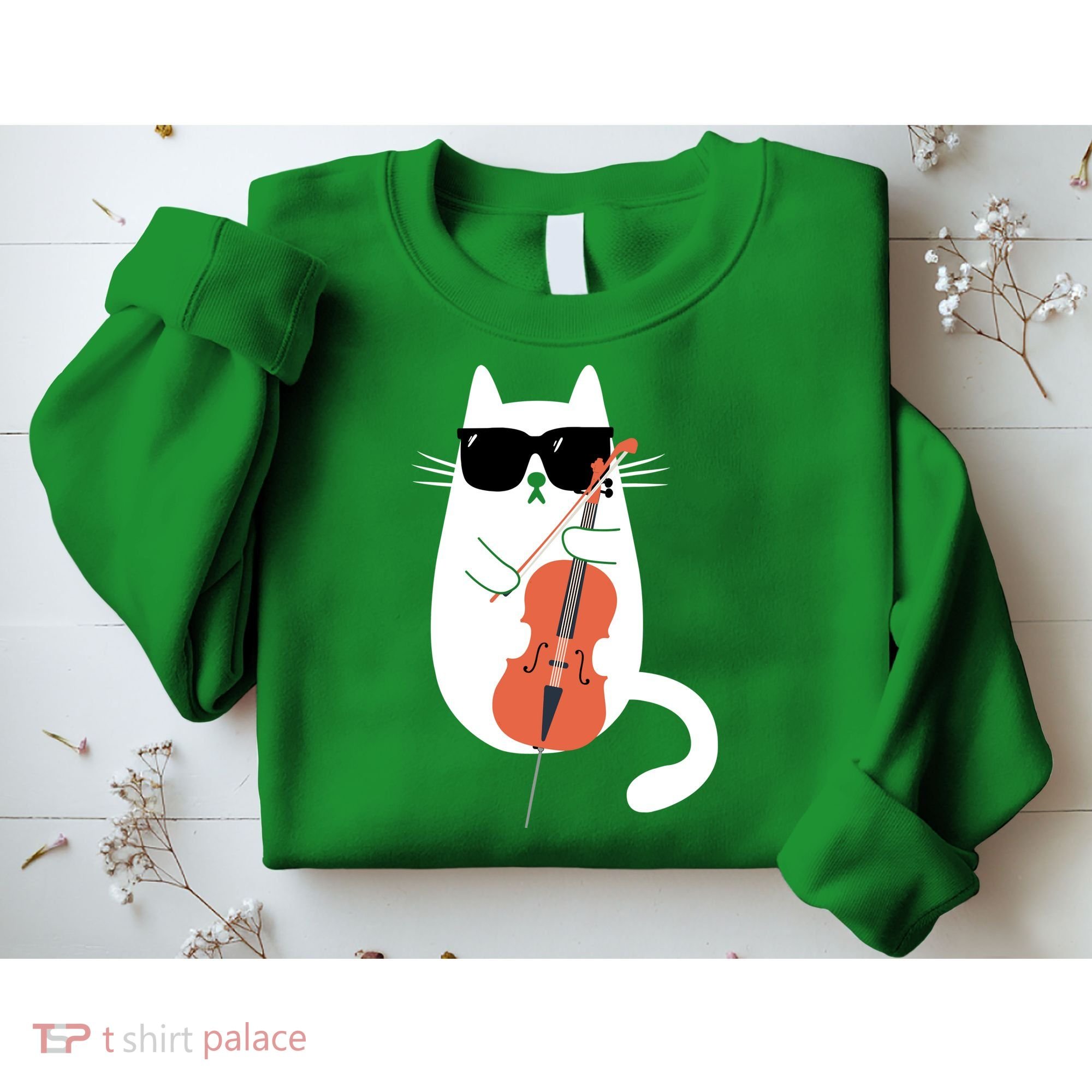 Funny Cat Wearing Sunglasses Playing Cello Cellist Musician Sweatshirt