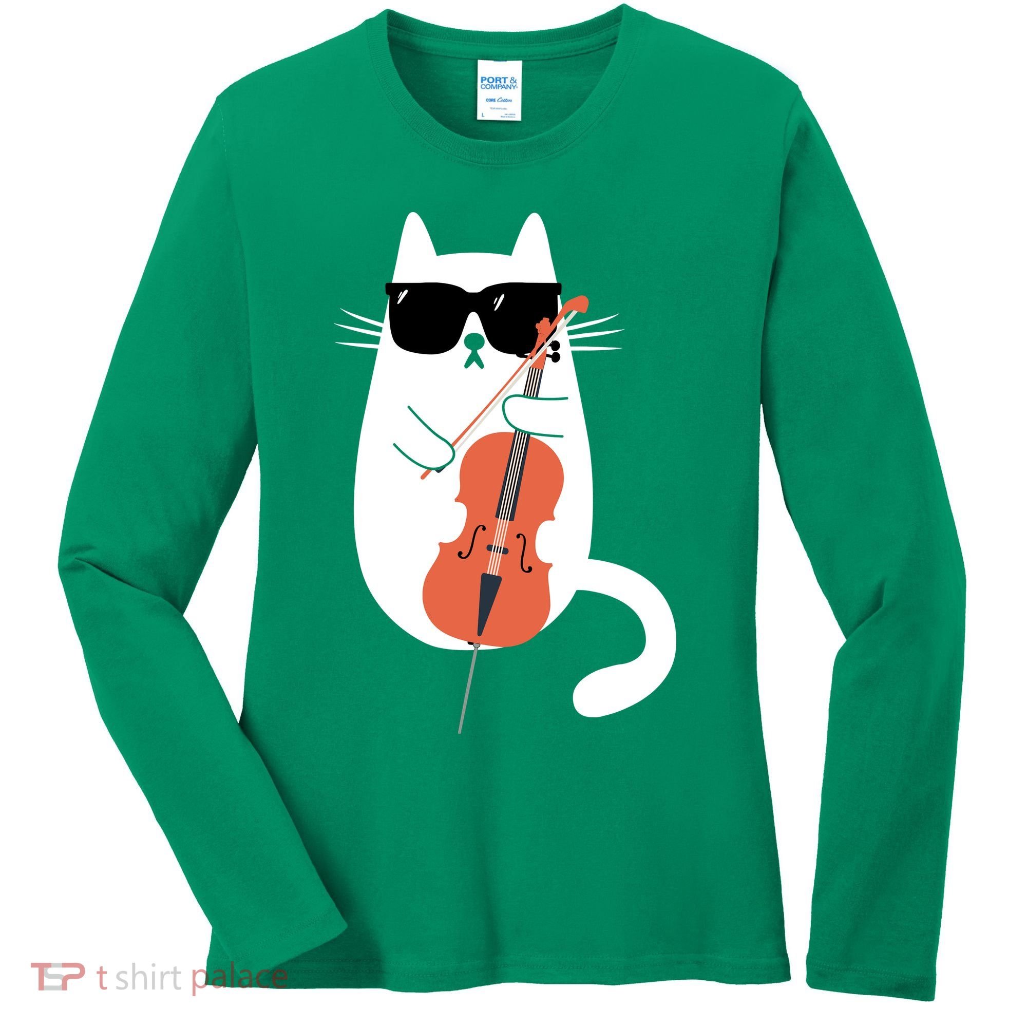 Funny Cat Wearing Sunglasses Playing Cello Cellist Musician Women's Long Sleeve Shirt
