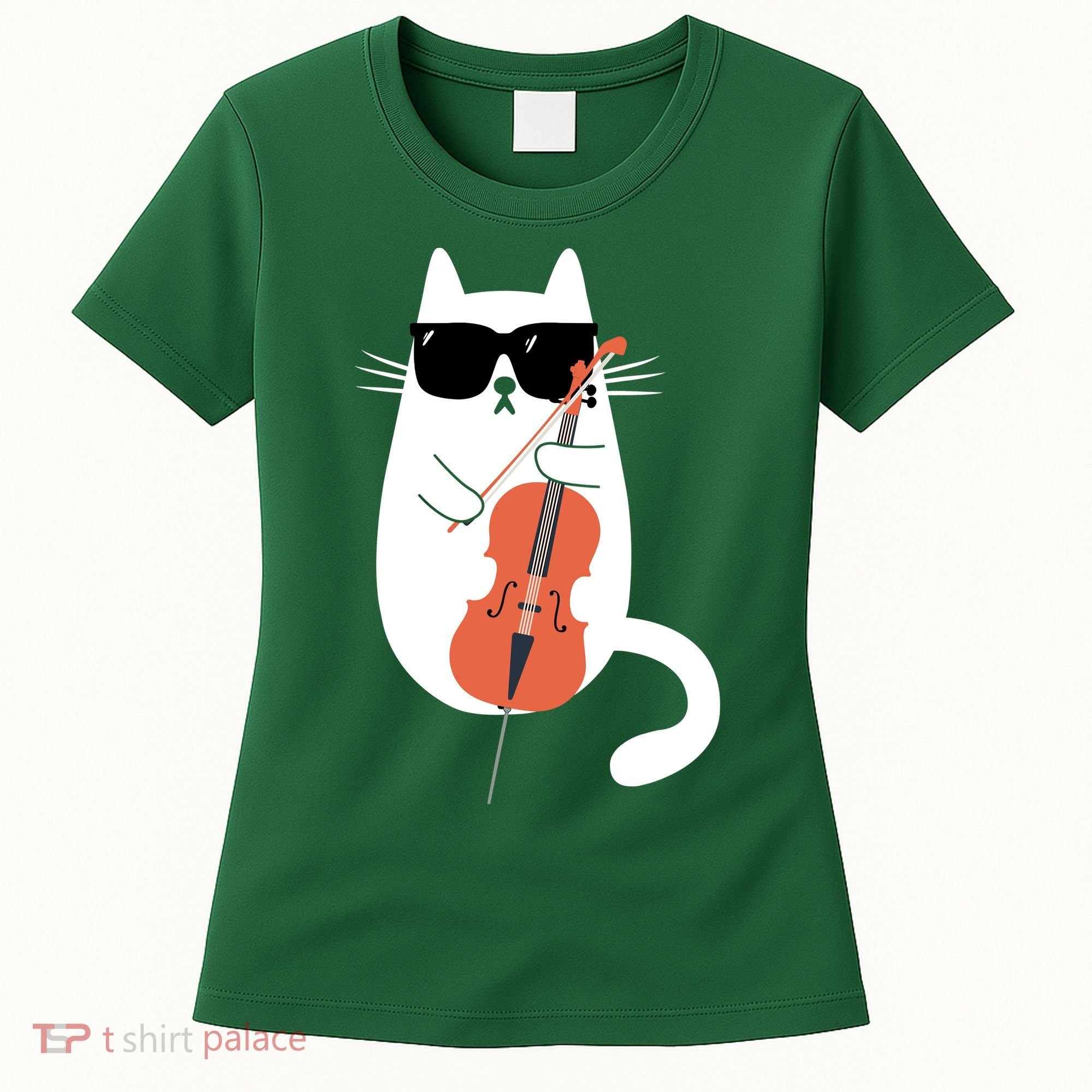 Funny Cat Wearing Sunglasses Playing Cello Cellist Musician Women's T-Shirt