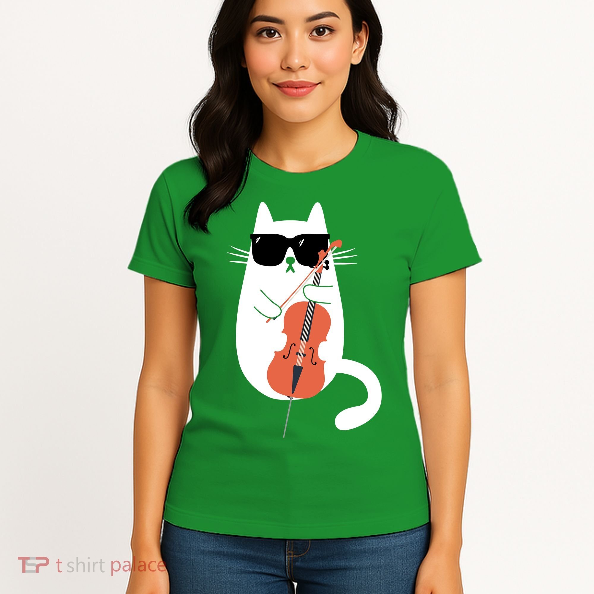 Funny Cat Wearing Sunglasses Playing Cello Cellist Musician Women's T-Shirt
