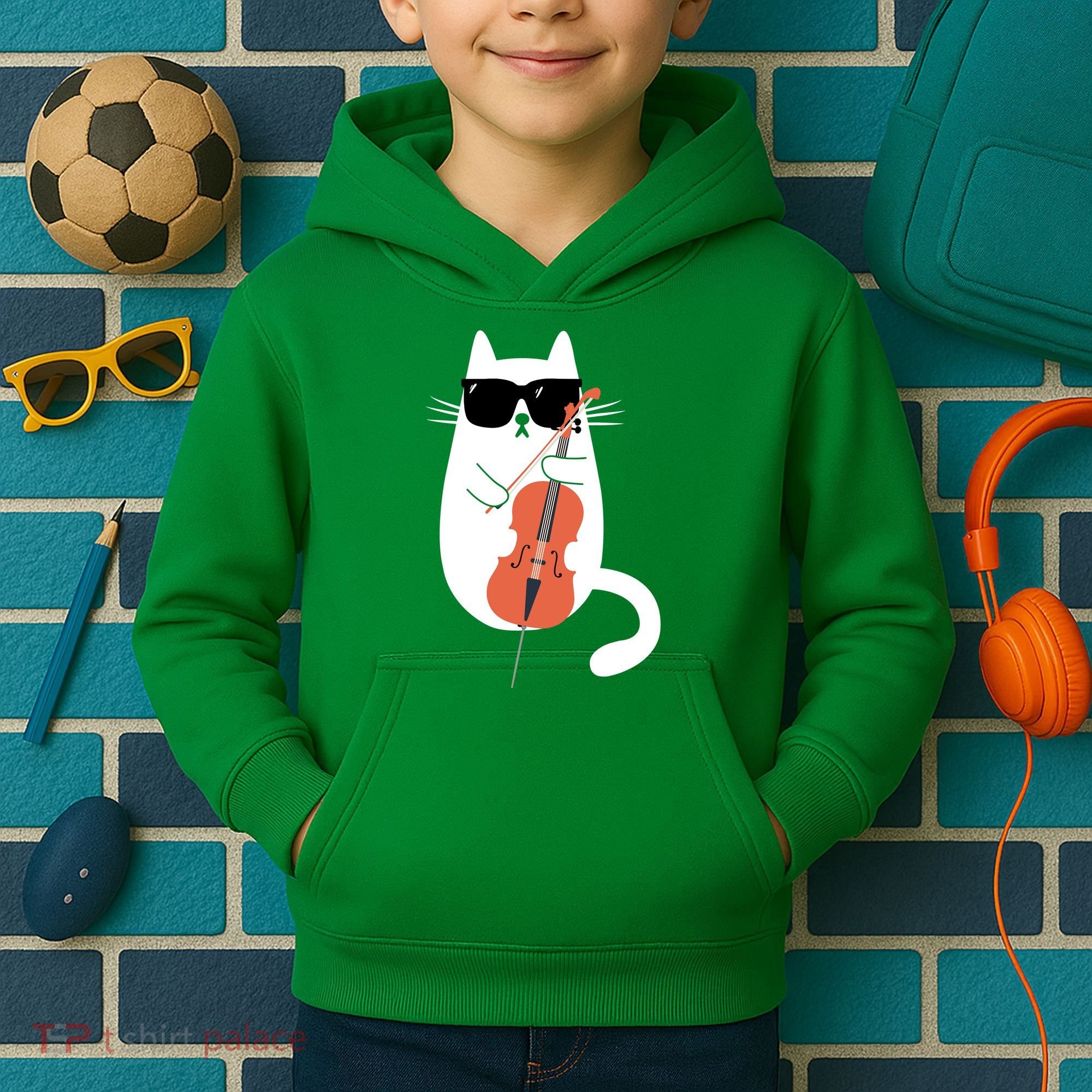 Funny Cat Wearing Sunglasses Playing Cello Cellist Musician Kids Hoodie