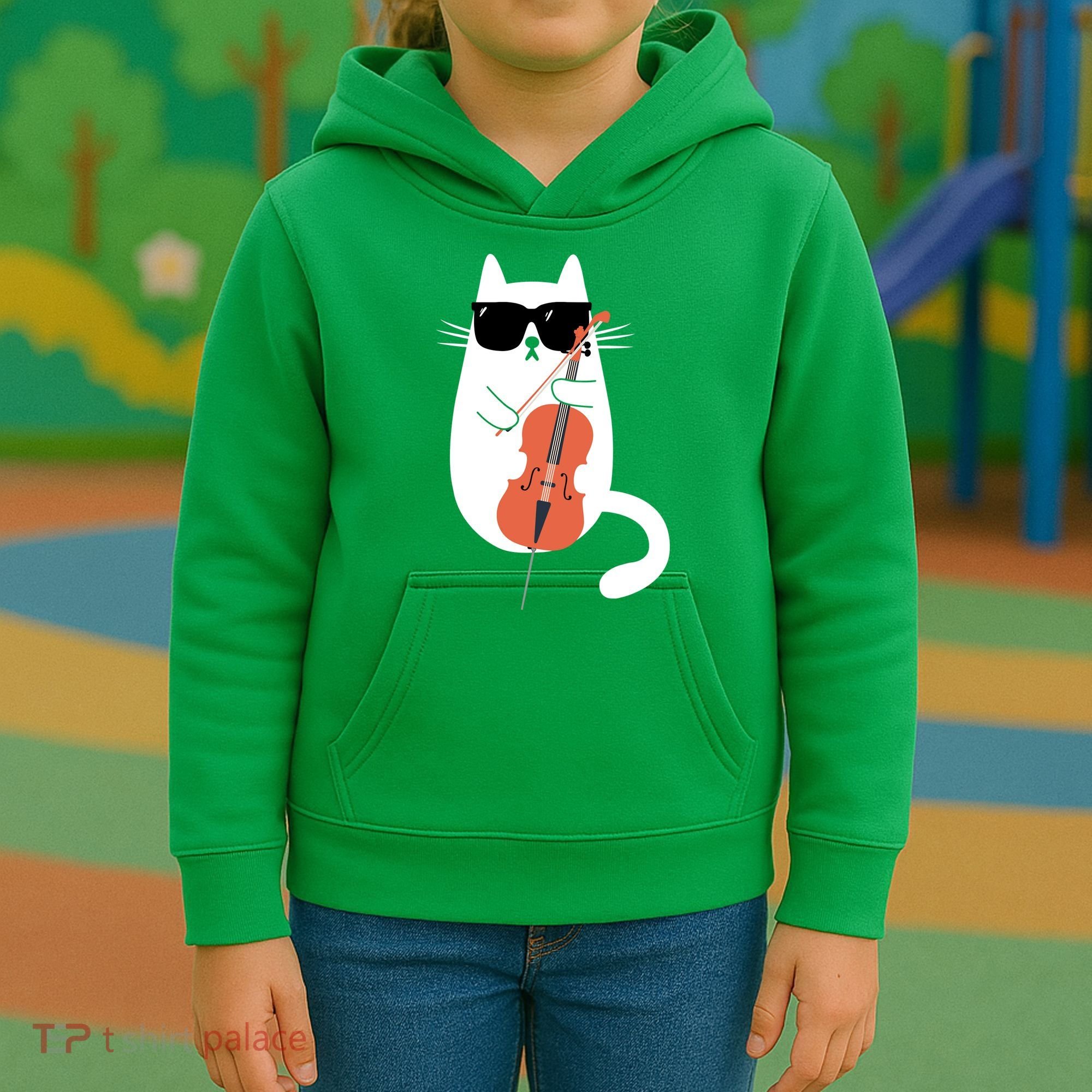 Funny Cat Wearing Sunglasses Playing Cello Cellist Musician Kids Hoodie