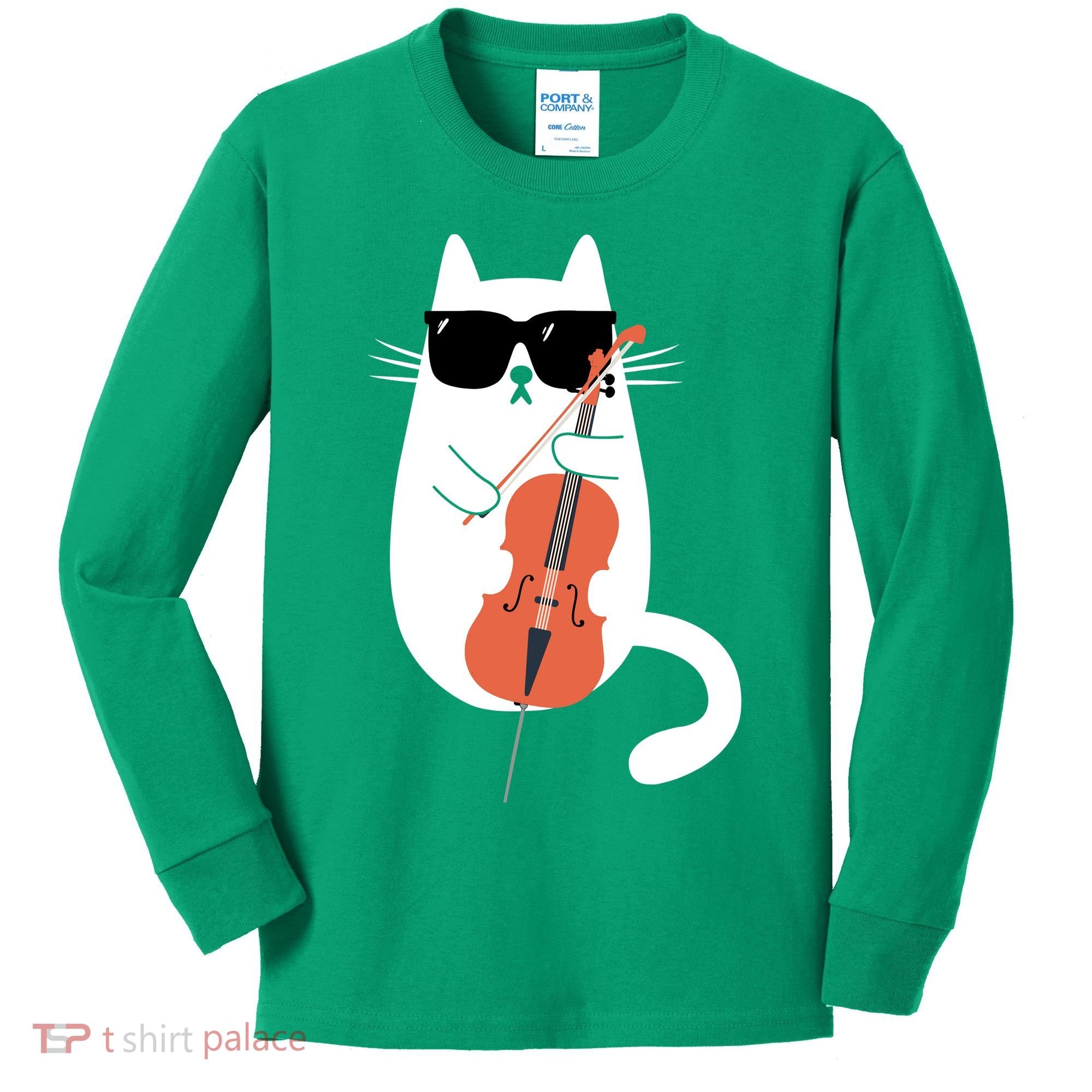 Funny Cat Wearing Sunglasses Playing Cello Cellist Musician Kids Long Sleeve Shirt