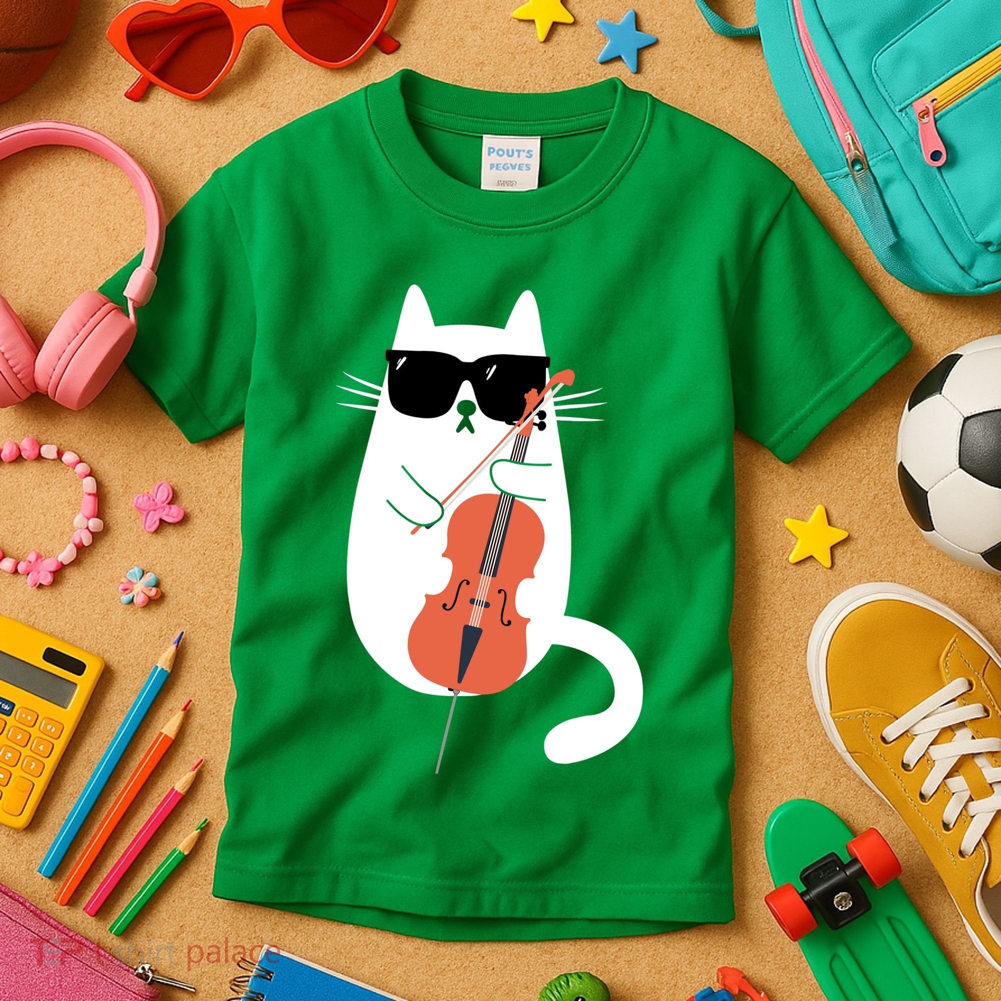 Funny Cat Wearing Sunglasses Playing Cello Cellist Musician Kids T-Shirt
