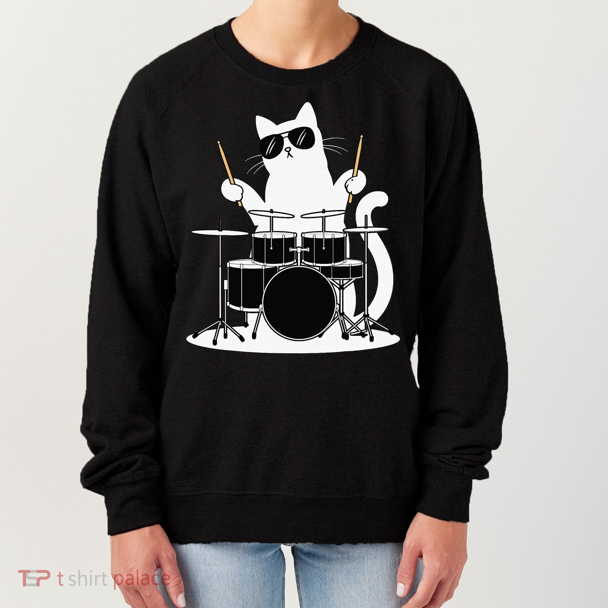 Funny Cat Wearing Sunglasses Playing Drums Women's Sweatshirt