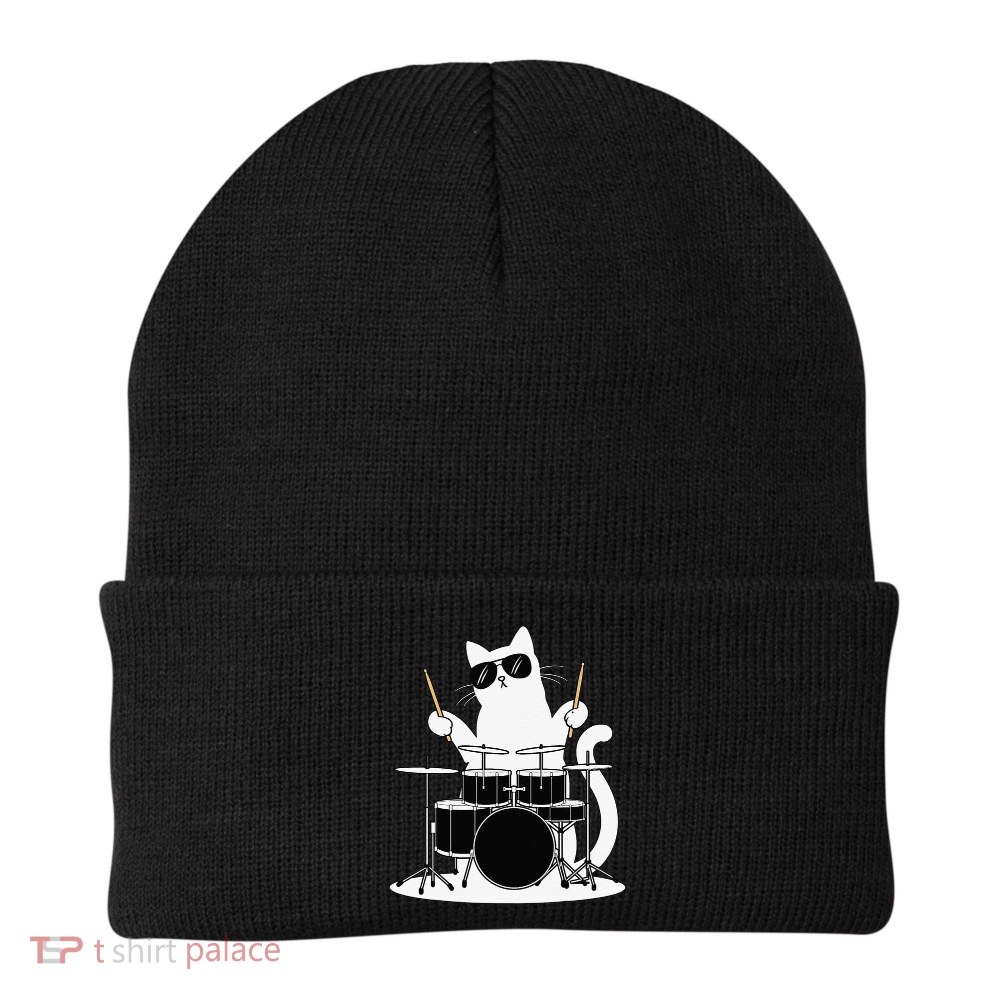 Funny Cat Wearing Sunglasses Playing Drums Beanie