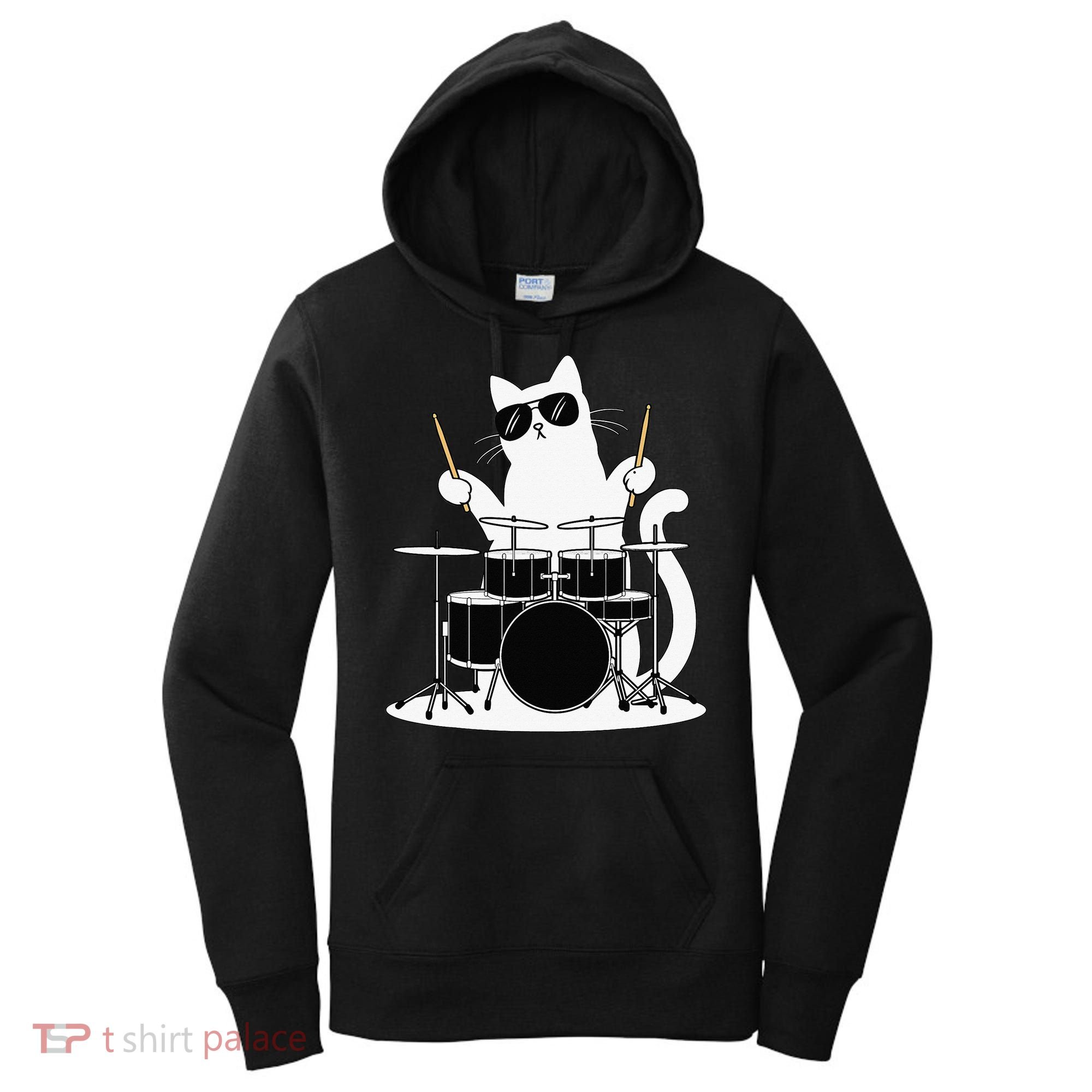 Funny Cat Wearing Sunglasses Playing Drums Women's Hoodie