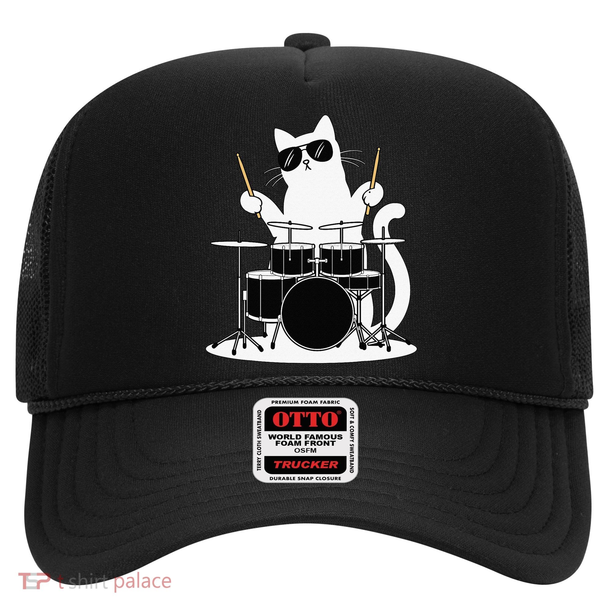Funny Cat Wearing Sunglasses Playing Drums Hat