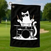 Funny Cat Wearing Sunglasses Playing Drums Golf Towel thumb 1