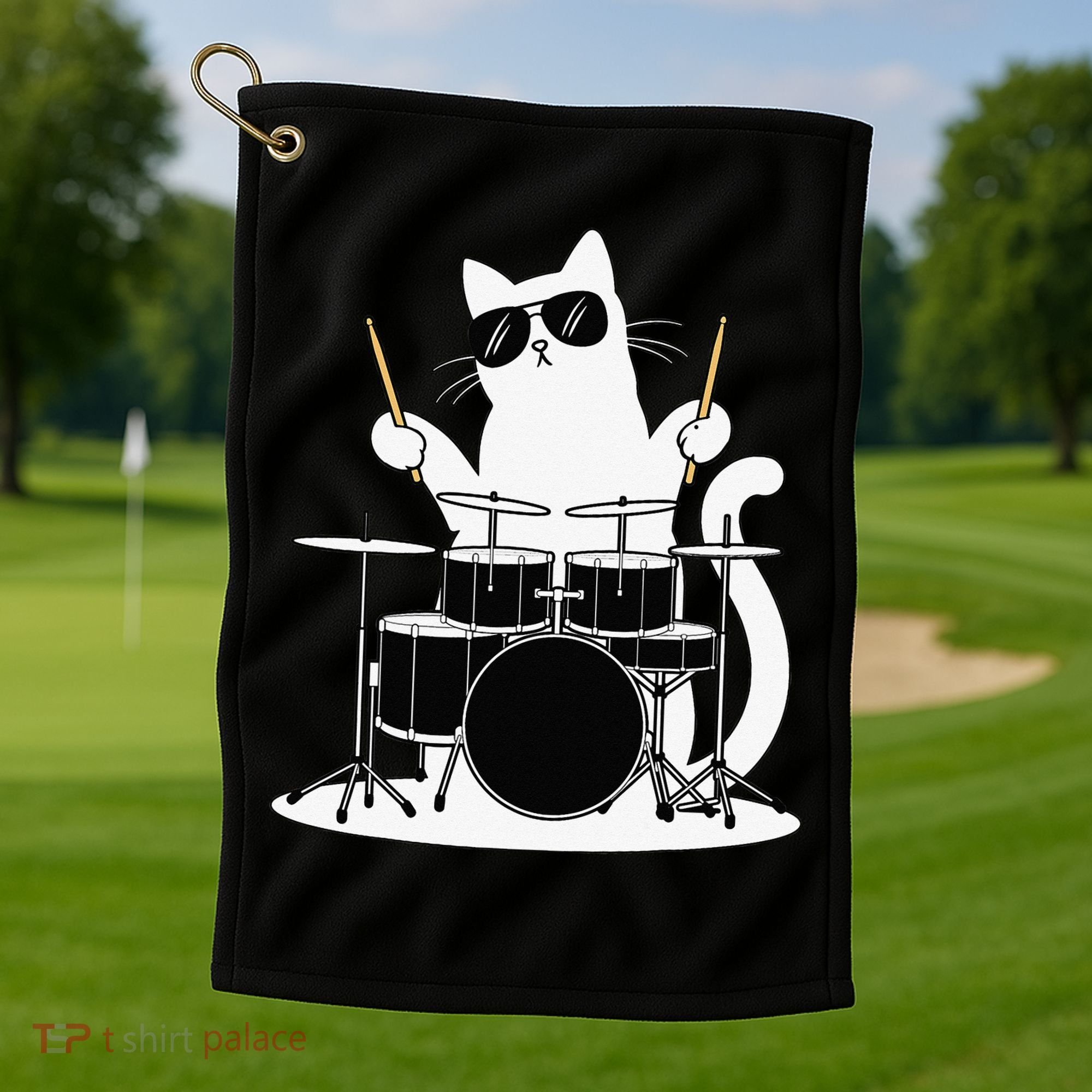Funny Cat Wearing Sunglasses Playing Drums Golf Towel