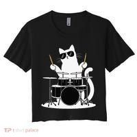 Funny Cat Wearing Sunglasses Playing Drums Women's Crop Top Tee thumb 0