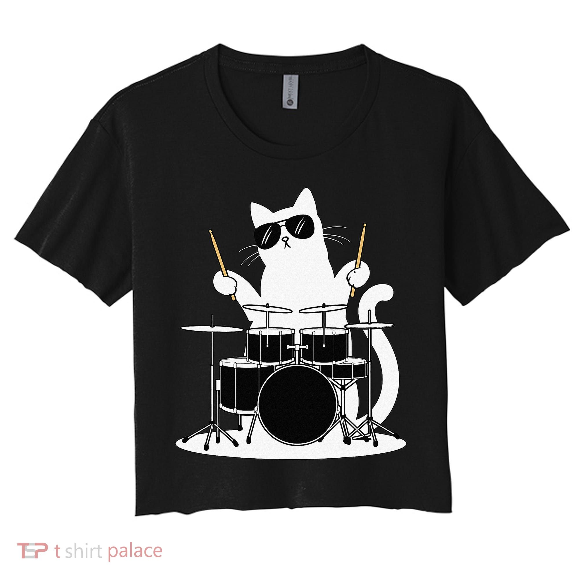 Funny Cat Wearing Sunglasses Playing Drums Women's Crop Top Tee