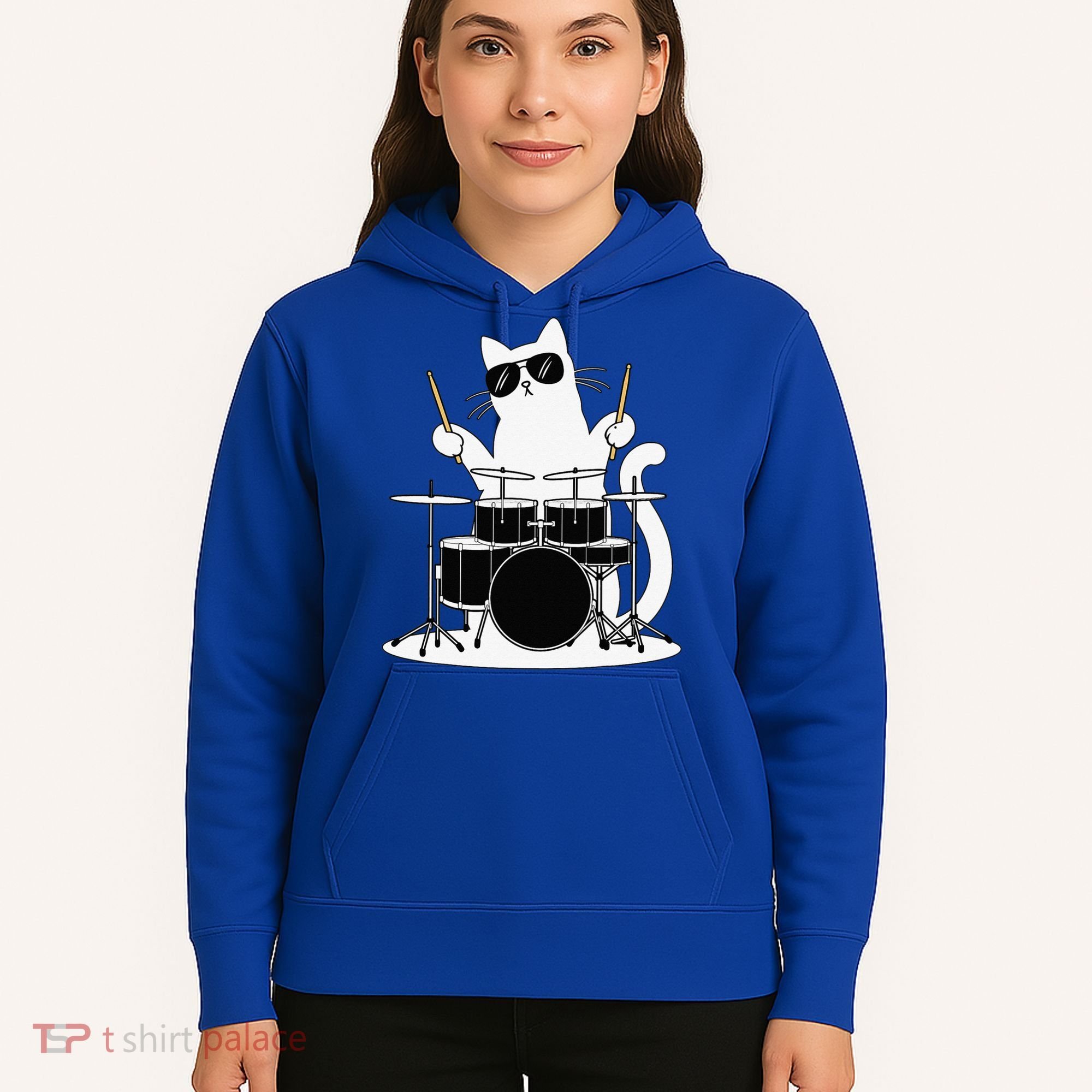 Funny Cat Wearing Sunglasses Playing Drums Hoodie
