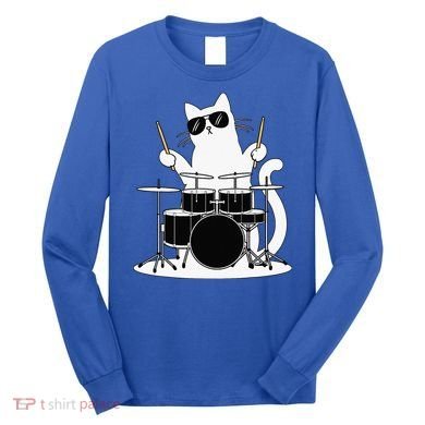 Funny Cat Wearing Sunglasses Playing Drums Long Sleeve Shirt